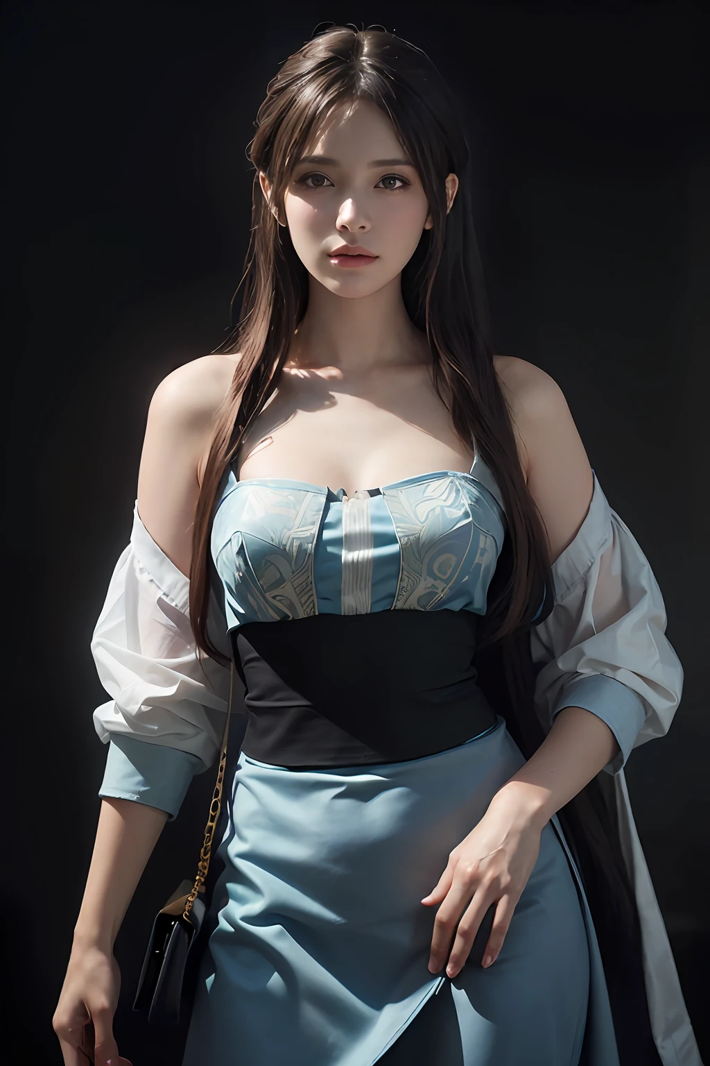Hyperrealist portrait of female by david hockney and alphonse mucha,fantasy art, photo realistic, dynamic lighting, artstation, poster, volumetric lighting, very detailed faces, 4 k, award winning,, 1girl, in the dark, deep shadow, low key,cowboy shot,(official clothing:1.4) ,long hair,white hair,