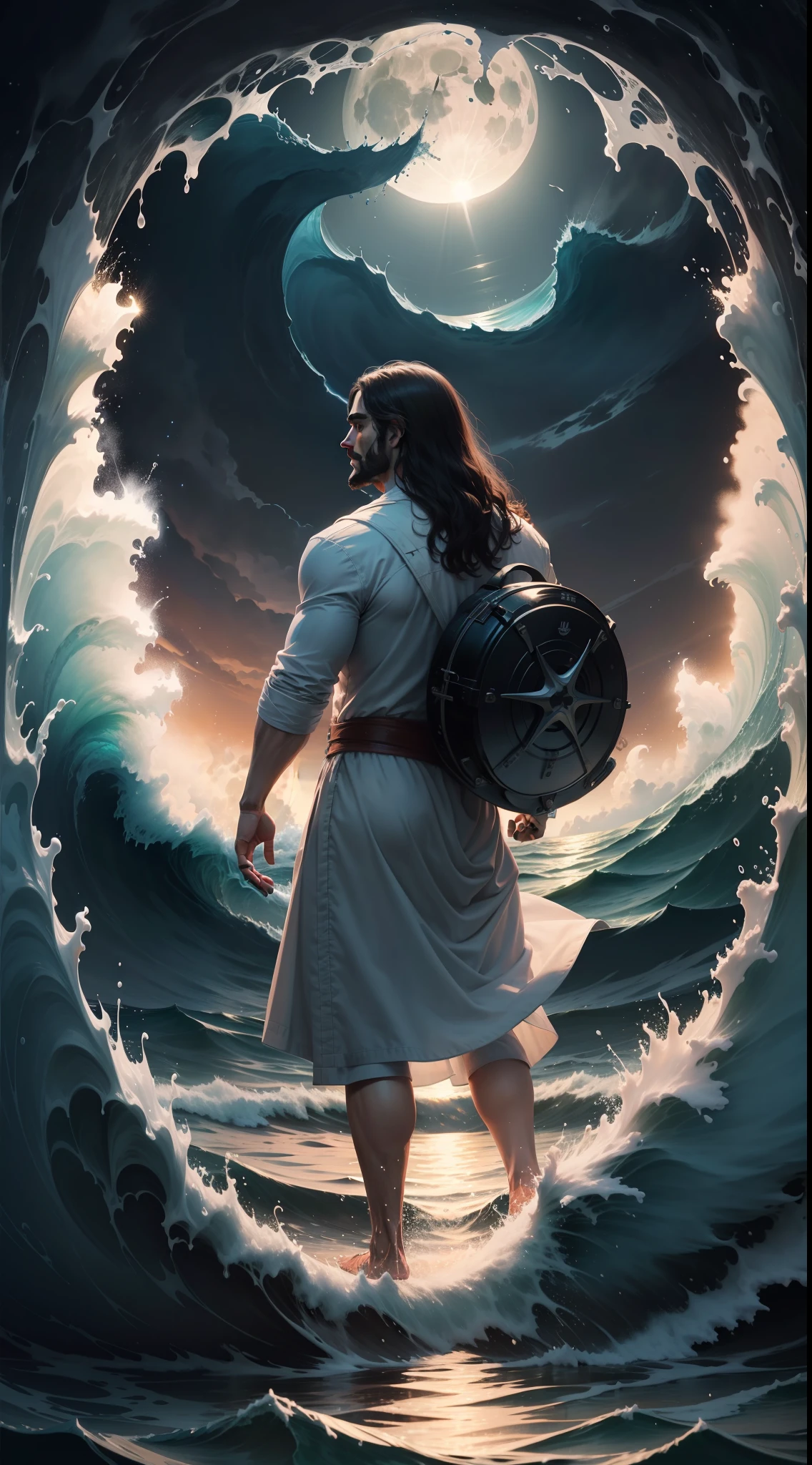 Jesus Christ walking on water in a sea with big waves on a full moon night.