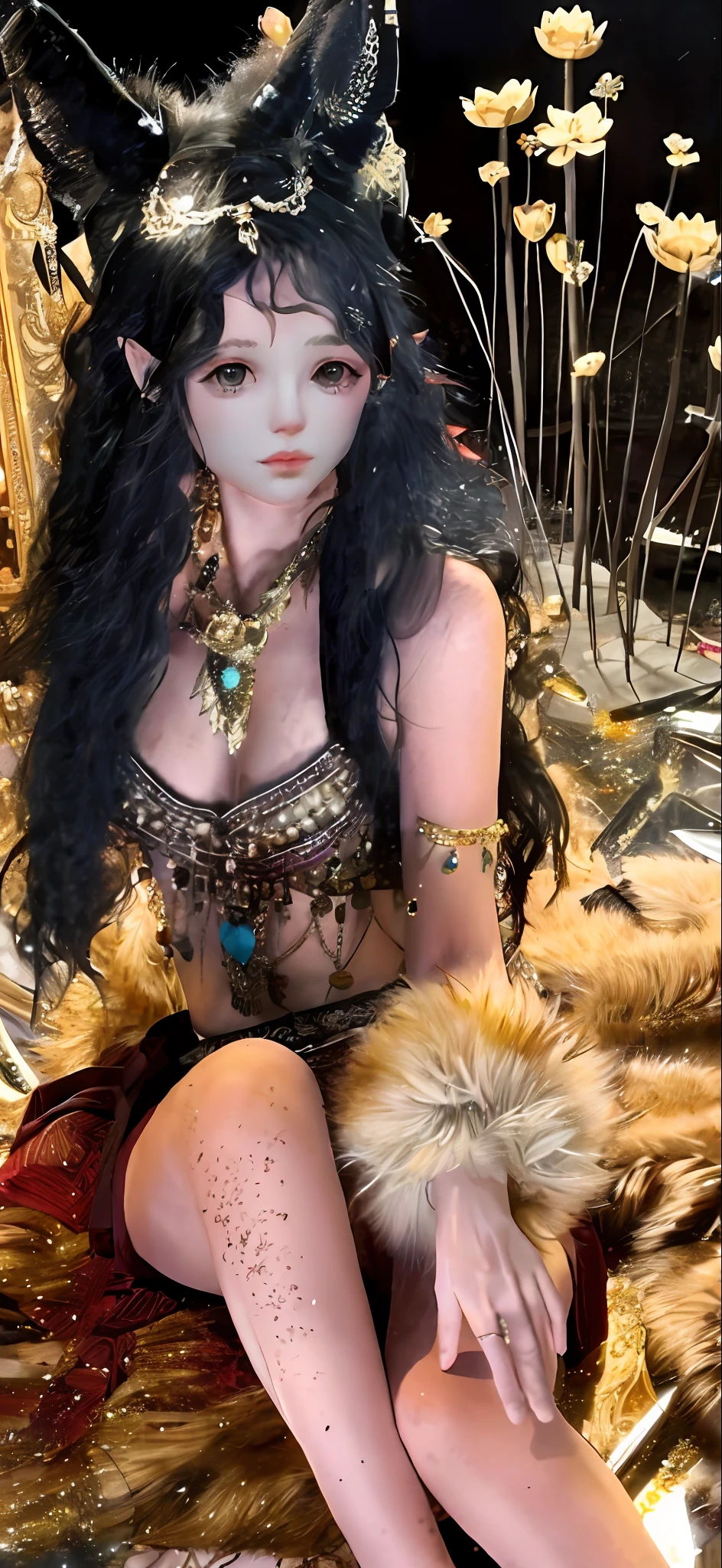 The dressed Arapi sits on a bed draped in fur, cinematic goddess close shot, she is dressed in shaman clothes, warrior princess, Goddess. Extremely high detail, barbarian warrior woman, gorgeous goddess of leo, ancient libu princess, very beautiful female barbarian, wearing intricate fur armor, a beautiful fantasy empress, warrioress, gothic maiden shaman, persian princess