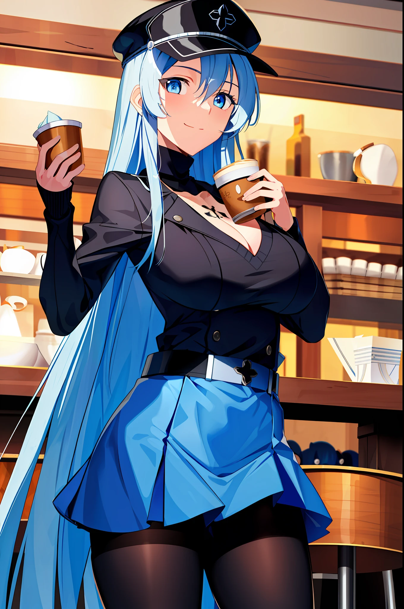 (Masterpiece), (Best quality),A high resolution, Ultra detailed, esdeath, Long hair ,Blue hair, Blue eyes, Peaked hat, Detailed background, cafe shop,high waisted skirt, Black pantyhose, (Black sweater), full bodyesbian