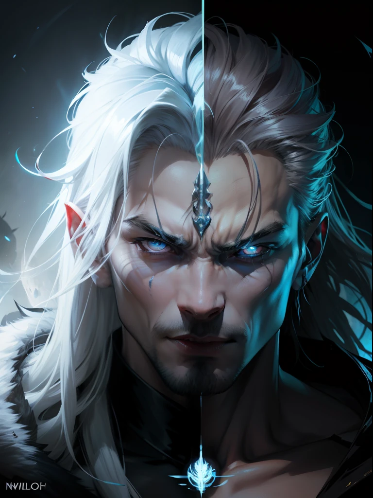 Full moon night，A man with a third eye on his forehead，A long howl to the moon，The blue light flashes，Become a vicious white wolf。 Fierce eyes, It's scary， Top view, Cinematic light, , comic strip，surrealism，Character Spotlight，Marek Okon style