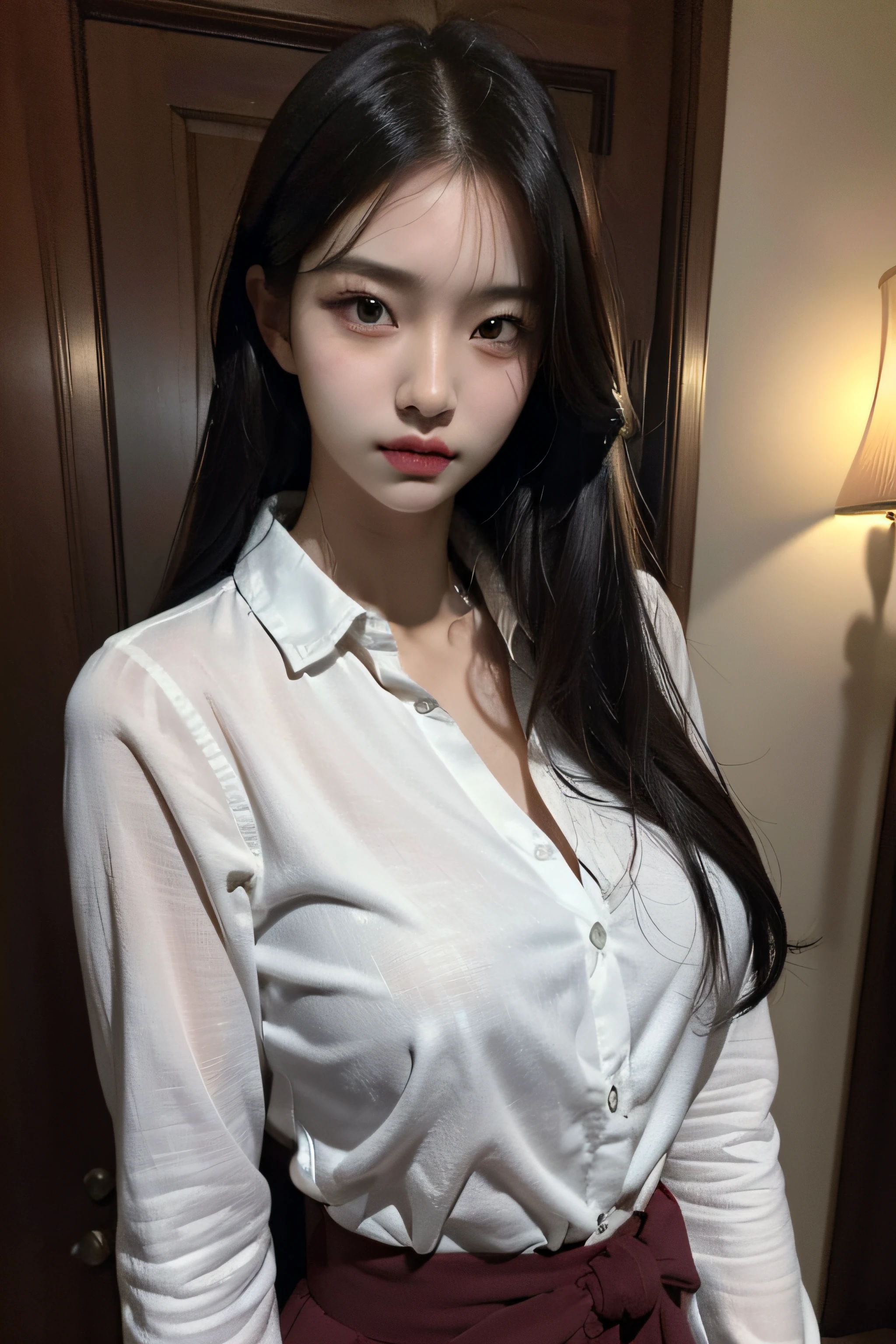 top-quality、​masterpiece、(Photorealsitic:1.4)、1girl in、Super Detailed Face、detailedeyes、Light smile、shirt with collar、from waist up、Dramatic Lighting、frombelow