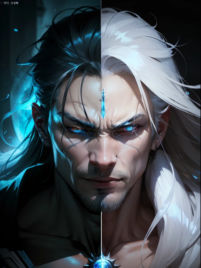 Full moon night,A man with a third eye on his forehead,A long howl to the moon,The blue light flashes,Become a vicious white wolf。 Fierce eyes, It's scary, Top view, Cinematic light, , comic strip,surrealism,Character Spotlight,Marek Okon style