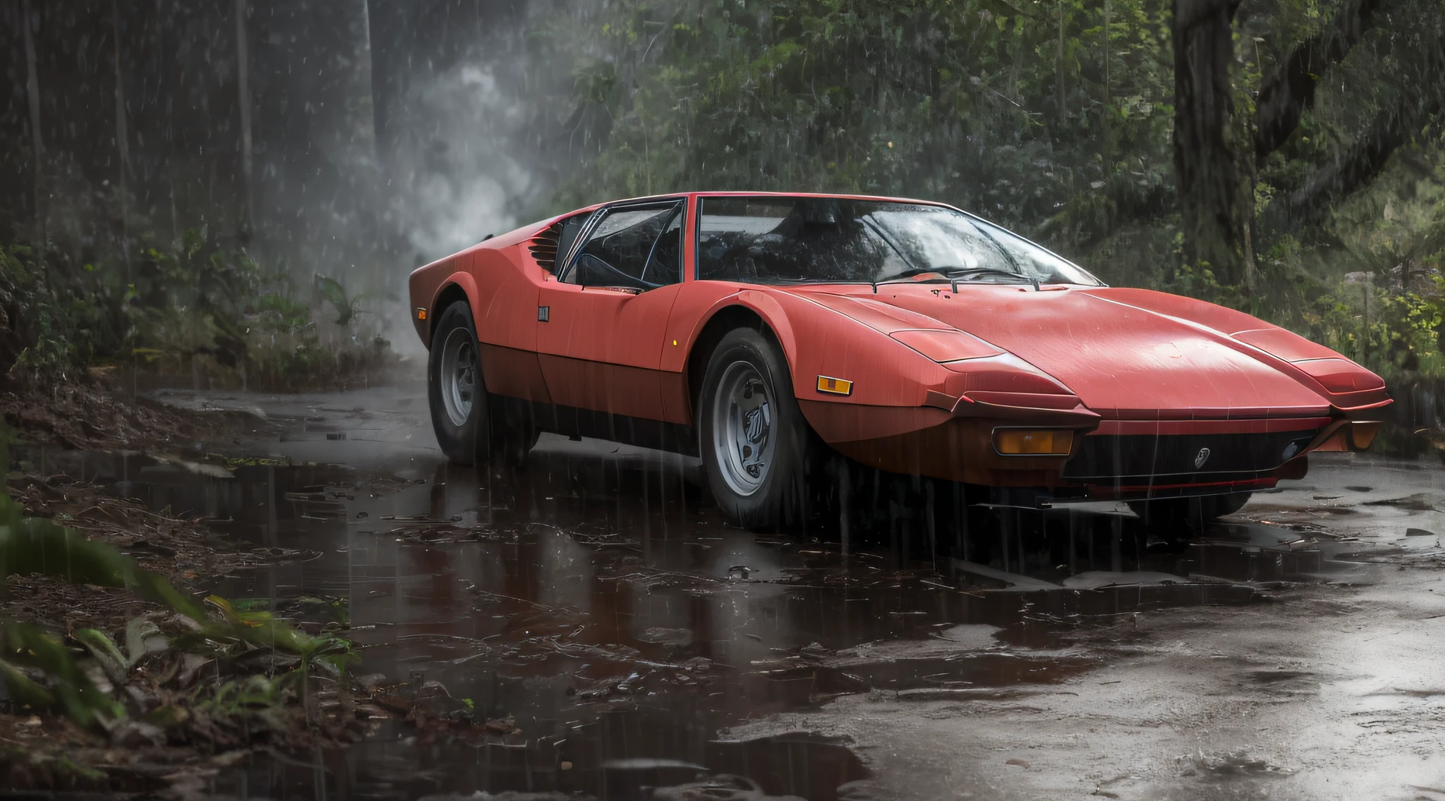 analog gloomy photo of a red ferrari 308 car,  driving through the jungle (at night), ((heavy rain)), panthers and leopards walking around, ((nighttime)), High Detail, Sharp focus, (photorealism), realistic, best quality, 8k, award winning, dramatic lighting, epic, cinematic, masterpiece, rim light, ambient fog:1.2, summertime, heat distortion, black birds,