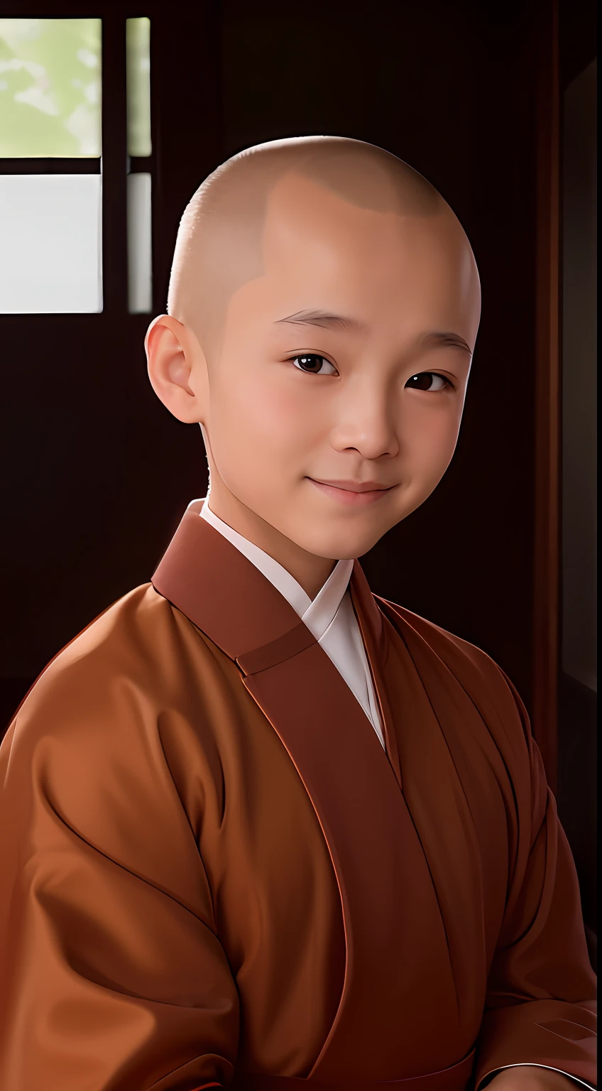 Alafard Asian boy in brown robe poses for a photo, portrait of monk, wearing brown robes, buddhist monk, Cai Xukun, yanjun cheng, aang, portrait shooting, avatar aang, monk clothes, 7 0 mm portrait, Close portrait, young wan angel, close up portrait shot, inspired by Chen Daofu