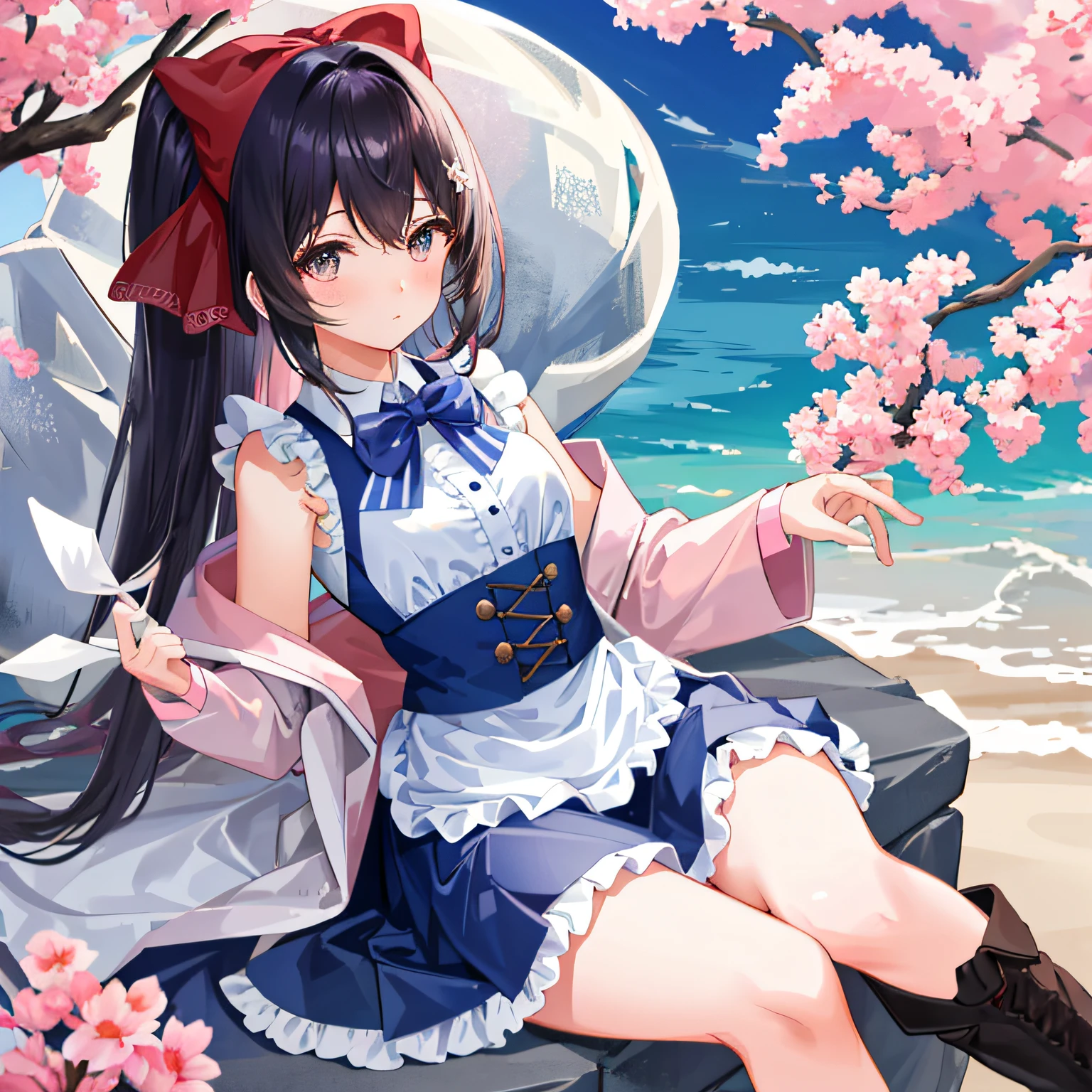 Tsundere、quadratic element、Small li、with short black hair、Bright eyes、Small round face、upturned eyebrows、Fair and smooth skin。 Sweet、Lolita style、Puffy skirt、Lace、Bow knot、The color is bright、Cute style、In pink、blue colors、red colour、lace legwear、tigh-high boots、Cute accessories、Bow hairpins、neck chain、bangle、school ground、Anime Carnival。Falling streamers and debris，a sense of atmosphere。absurderes, A high resolution, Ultra detailed, elegant flourishes, and a sense of craftsmanship and skill,。Anime girl in maid costume sitting on a branch, Beautiful anime girl, seductive anime girls, cute anime waifu in a nice dress, pretty anime girl, attractive anime girls, Cute anime girl, beautiful and seductive anime woman, (Anime girl), Anime girl, Kawasi, Guweiz in Pixiv ArtStation, Extremely detailed Artgerm