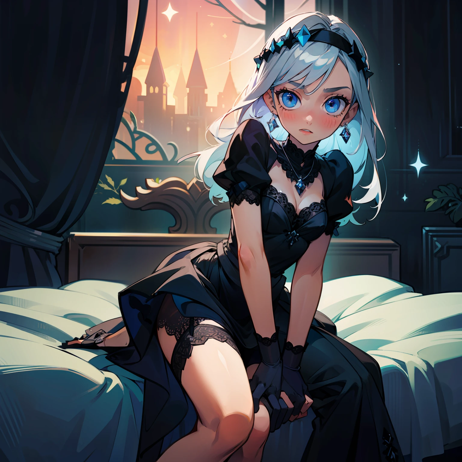 (masterpiece:1.3), (best quality:1.3), Girls, Silver hair, blue eyes, Transparent black lingerie homedress, jewelry necklace, jewelry earrings, jewelry dress, garter belt, garter straps, blush, 🤨, headband, black stockings, arms beside the body, sitting, on bed, night time, night sky, starry sky, window behind back, black elbow gloves, [(WHITE BACKGROUND:1.5), ::5] HEXAGON