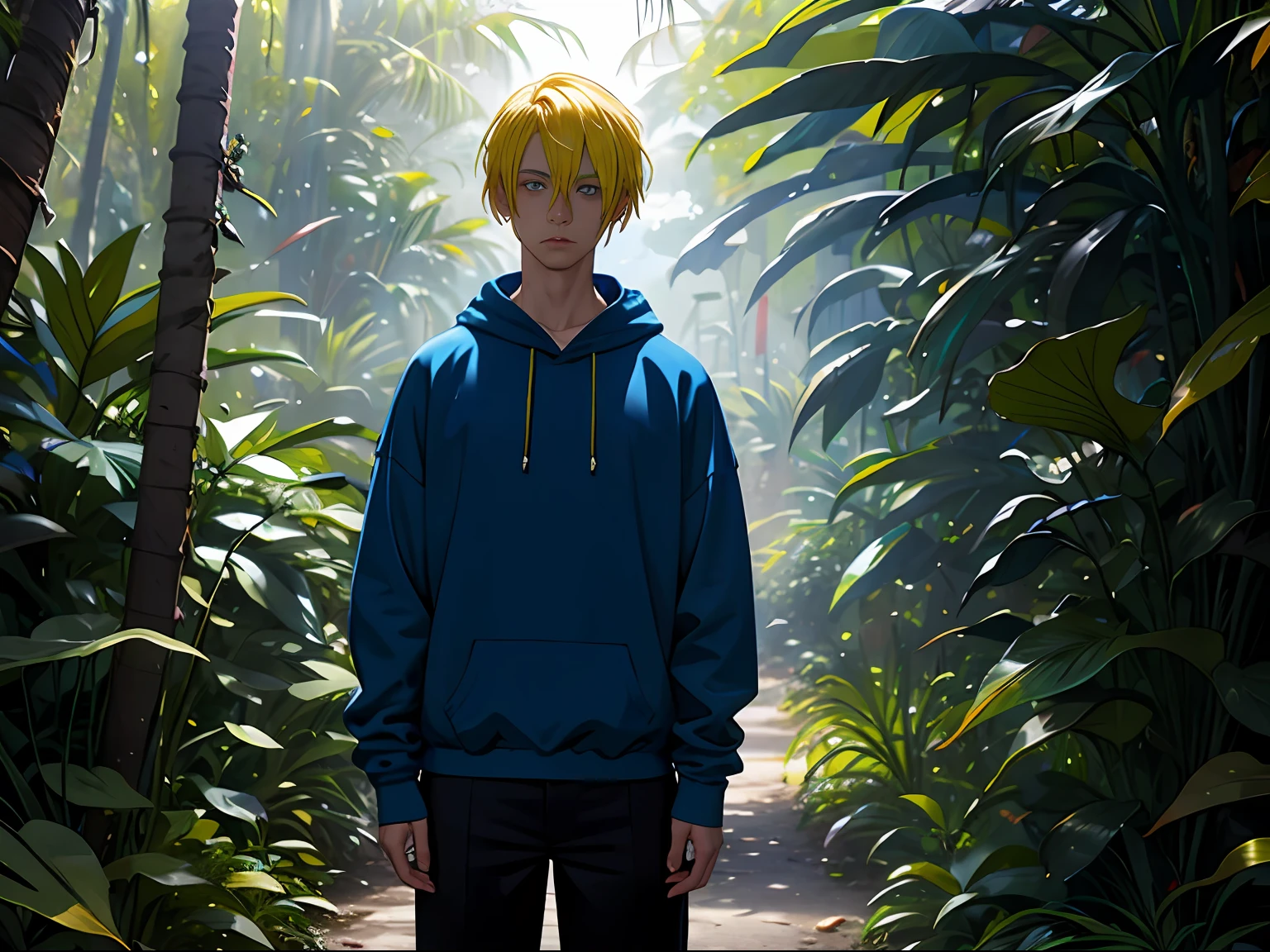 Man with dyed yellow hair,Wear a casual blue sweatshirt,Stand in the jungle,Arrogant and domineering