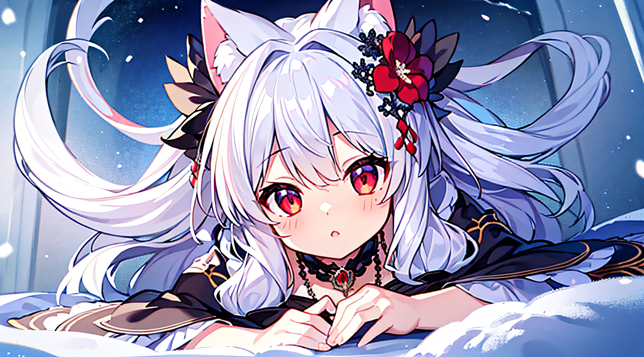 {{Masterpiece}},Best quality,Highly detailed,Extremely detailed Cg Unity 8K wallpaper,Illustrate traction, 1girll, Red eyes, Wavy silver hair, dress, necklace, hair flower, Snow, Ice, full bodyesbian, Shot,Highly detailed,center framing,Sharp focus, floated hair,cat ear，