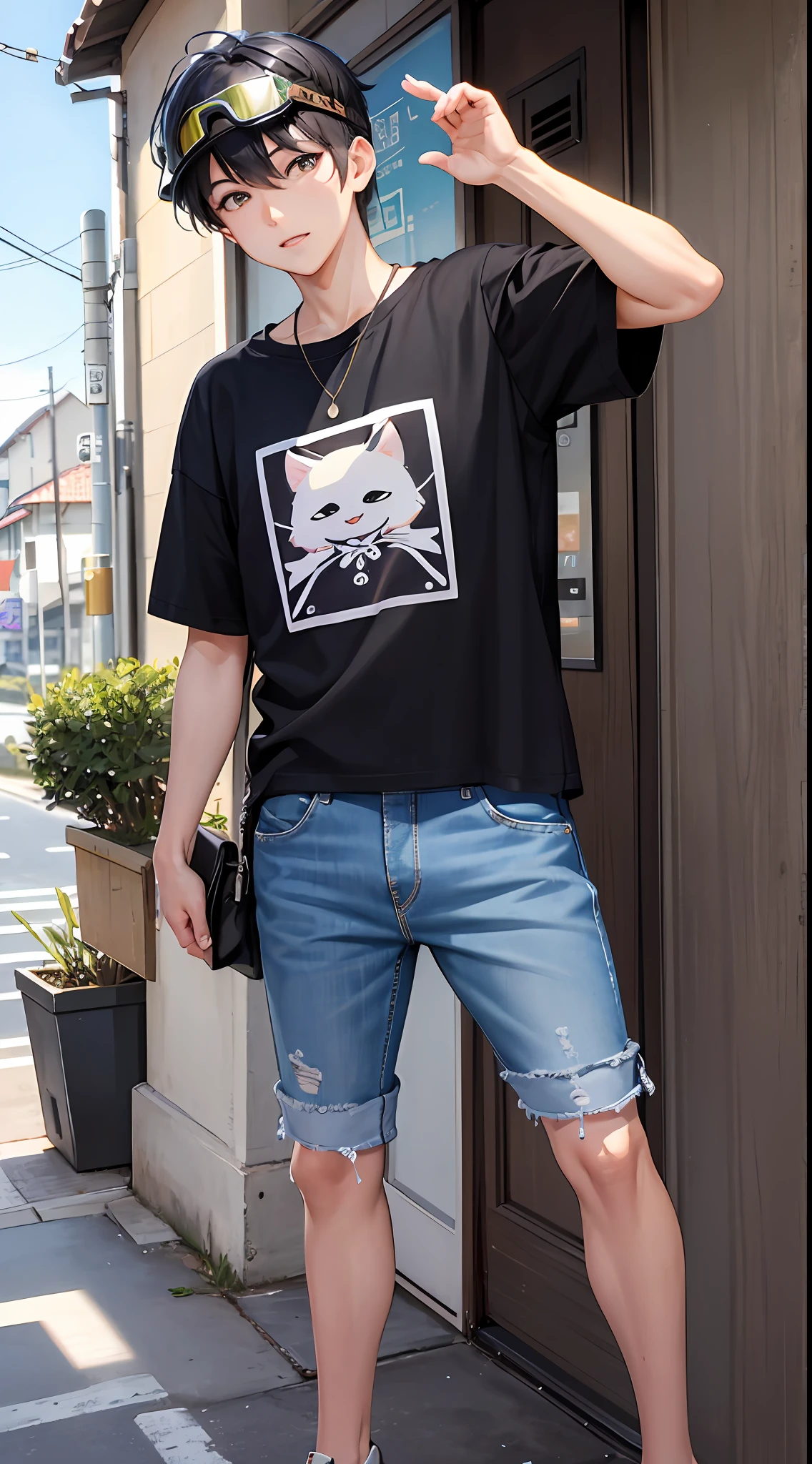tmasterpiece, Best quality at best, 1boys, 独奏, short detailed hair, graphic t shirt, denim pant, standing on your feet, exteriors, 城市, hands in a pocket, protective goggles, goggles on head