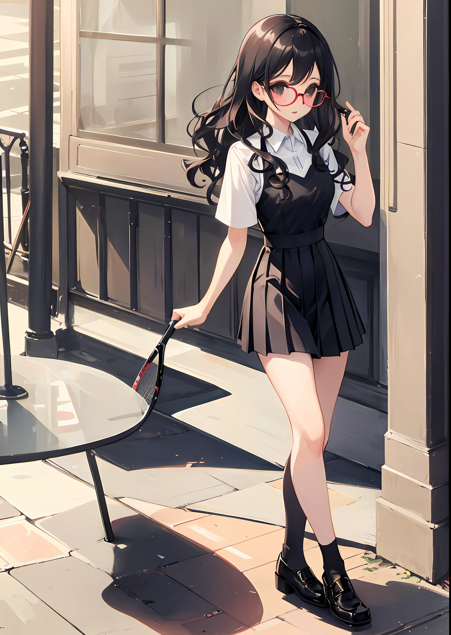 Full body photo of beautiful petite woman wearing round glasses, solo, sexy, very short tennis pleated skirt, very high black stockings, (cheerful))), long black wavy hair