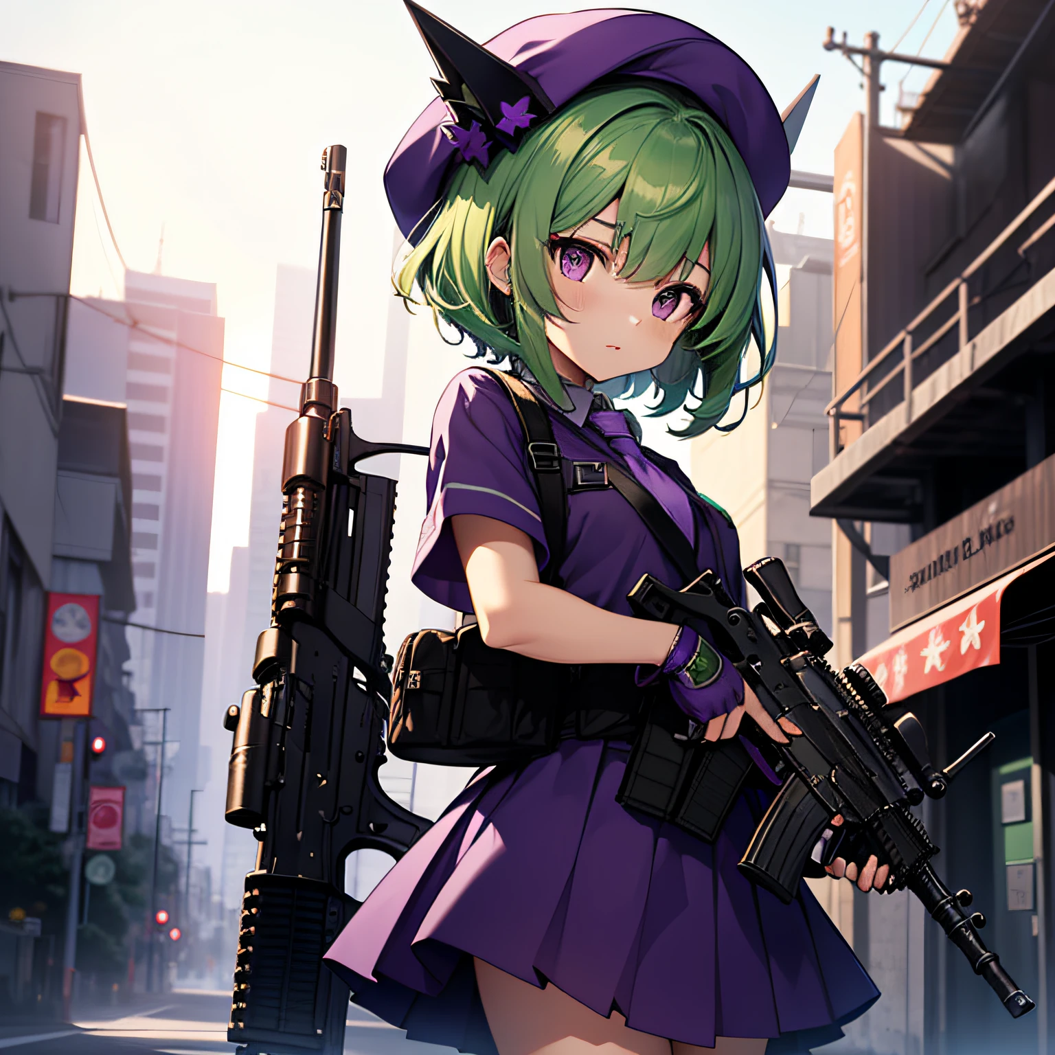 top-quality、extremely delicate and beautiful、(A teenage girl)、Purple Eye、Green hair、short-haired、(Purple pointy hat)、Purple tie、Soio、shortsleeves、Purple skirt、Navel,Tactical Vest、shortsleeves、Purple skirt、((Holding an assault rifle in both hands))、Midnight background、is standing