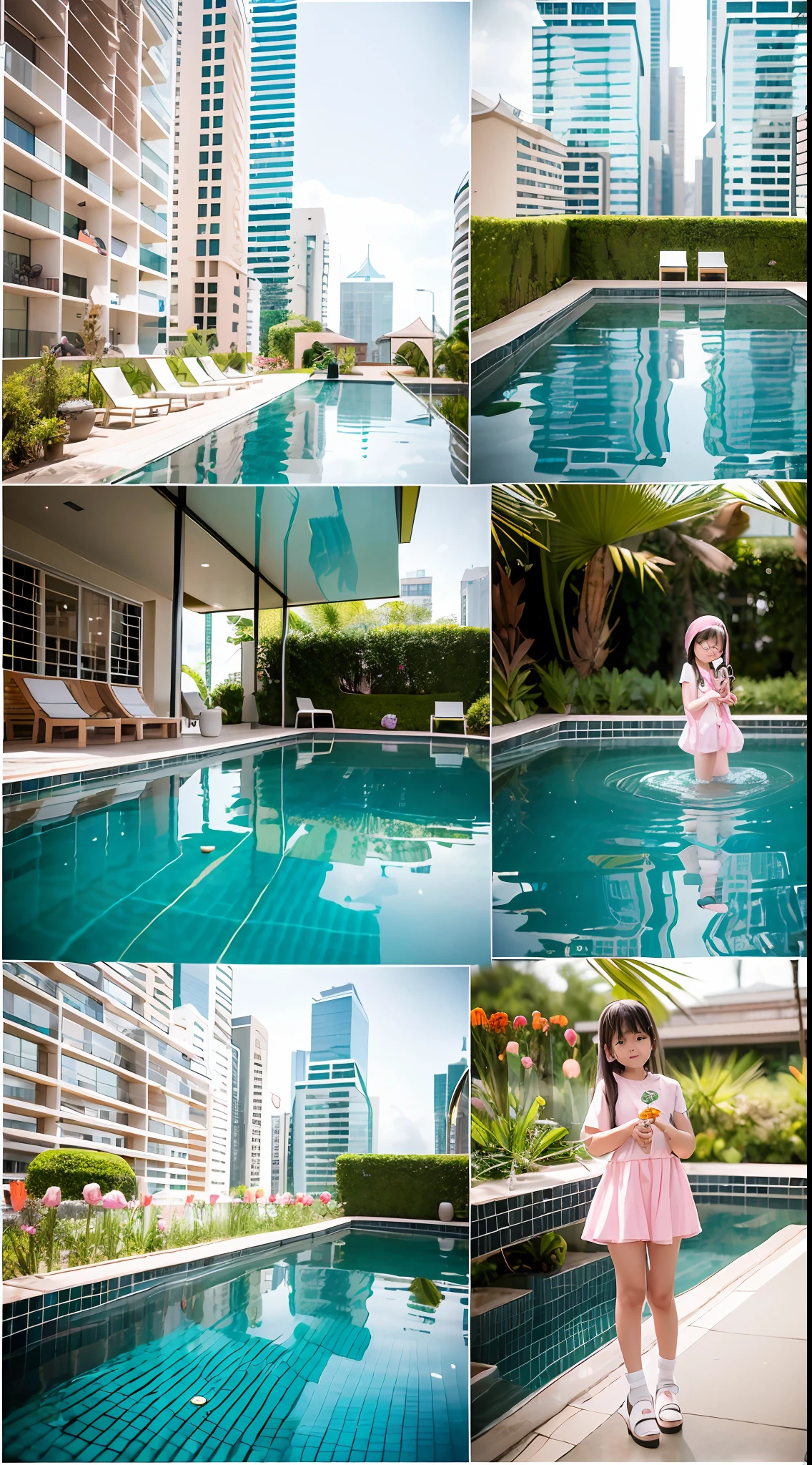 180-storey infinity pool,The tallest building in the city's forest,Sports Center,Bonsai around,Luo Han Song,coconut palms,coconut crab,tulips,Rose flower,Tease the alpacas to play,There were five little girls wearing openwork translucent stockings,Pouting and smiling,is shy,Pout,Pink, gold, White, Blue, Five colors, Two-tailed hair and cyan eyes,Anime little girl in servant costume