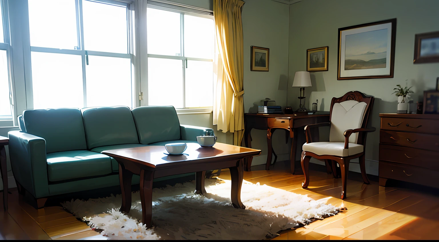 ((((tmasterpiece)))),(((best qualtiy)))),Ultra-detailed wide-area camera,Modern living room in minimalist style,(modern living room:1.5),modern,White theme,sofe,Decorative painting,Tea table,(potted:0.6),窗帘,Soft natural light through the curtains,Interesting light and shadow,low-light