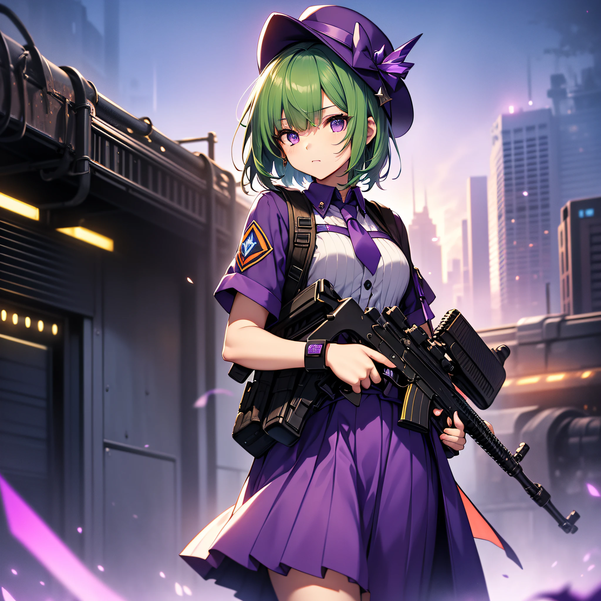 top-quality、extremely delicate and beautiful、(A age girl)、Purple Eye、Green hair、short-haired、(Purple pointy hat)、Purple tie、Soio、shortsleeves、Purple skirt、Navel,Tactical Vest、shortsleeves、Purple skirt、((Holding an assault rifle in both hands))、Midnight background、is standing