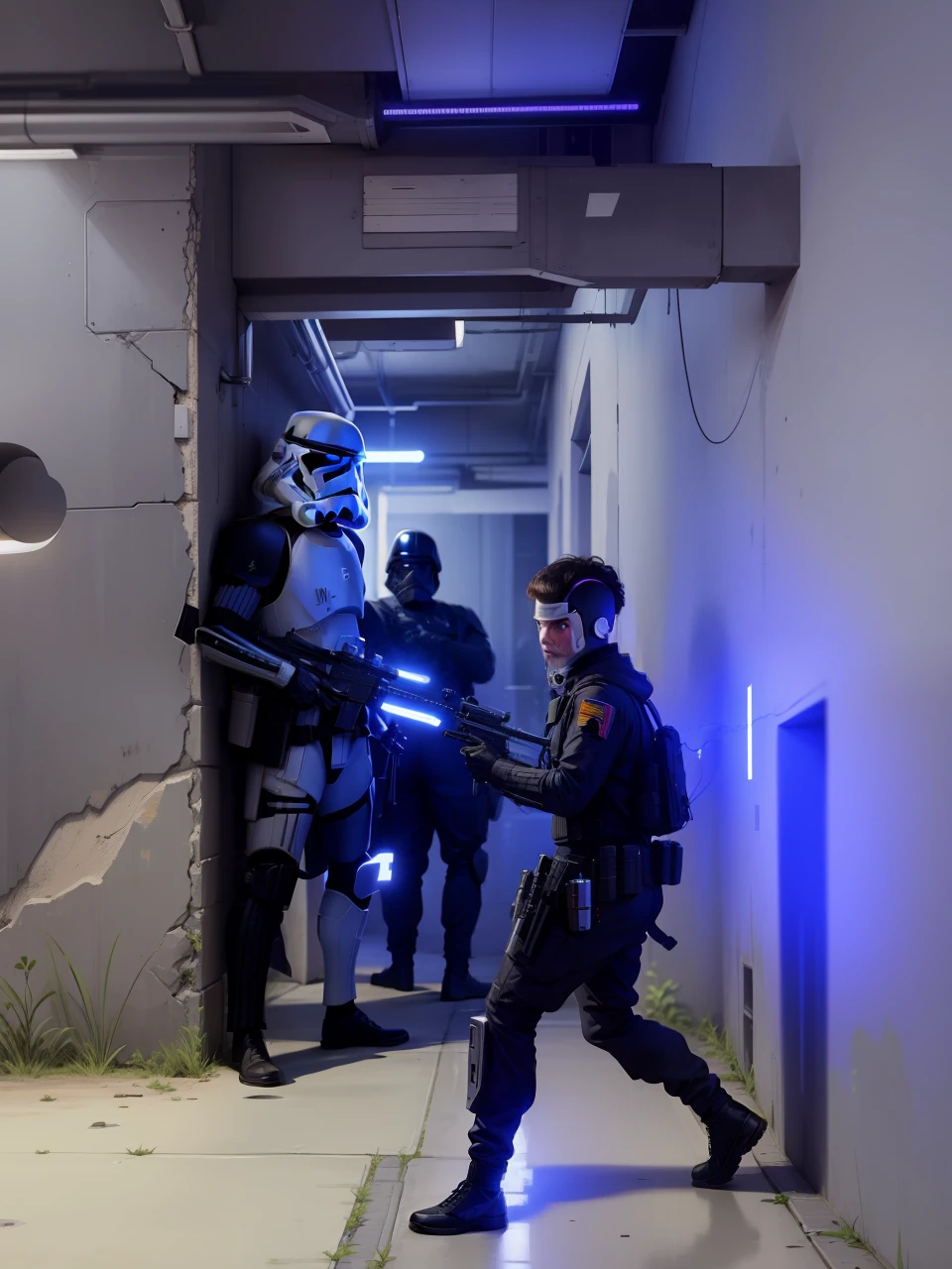 Two soldiers,storm trooper,A person hides behind a wall,A man charges at gunpoint,cyber punk perssonage,Masterpiece,star war
