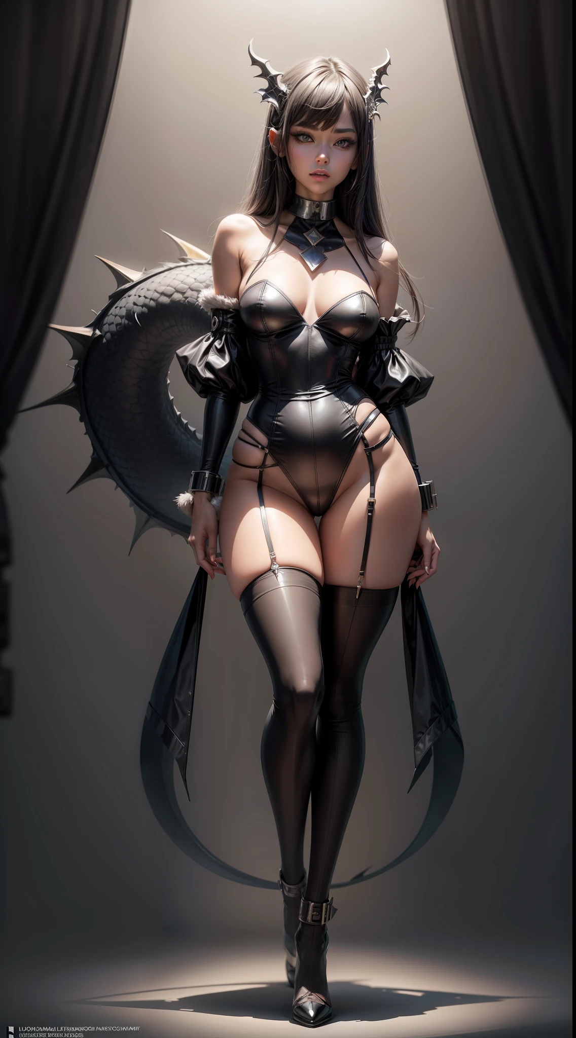 (Full body shot:1.3), Must show your face, anatomy correct, Stocking tights must be worn, Colorful，dragon girl，Complex and diverse backgrounds，Strangling effect, High-heeled leather shoes, anklet, leg loops, collars, Heavy makeup, A shallow laugh, hyper HD, Ray traching, structurally correct, Award-Awarded, high detal, lightand shade contrast, Face lighting，cinmatic lighting, tmasterpiece, super detailing, high high quality, high detal, best qualityer, 16k