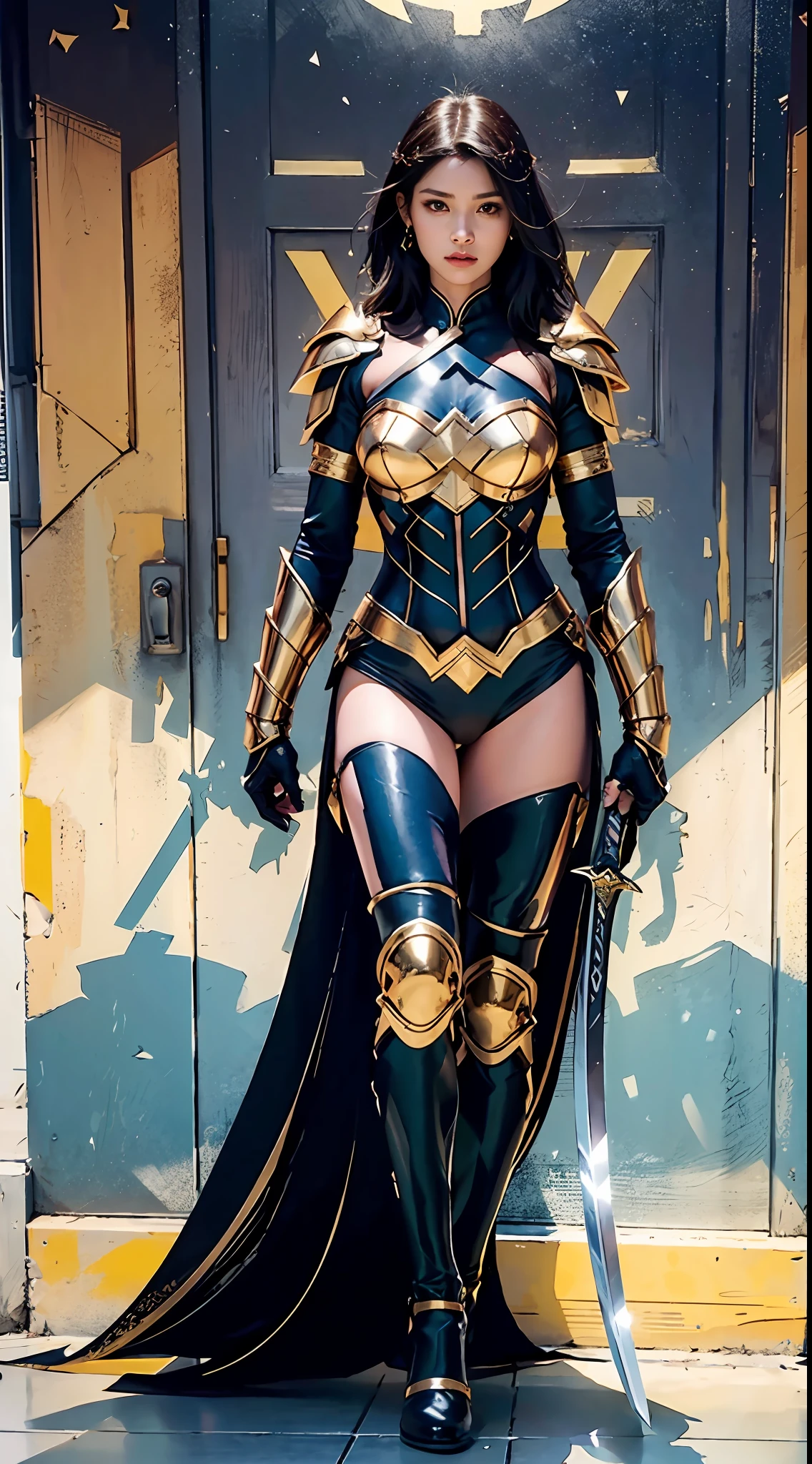 1 Full body single woman，With a sword，Warriors，long whitr hair，Ultra-thin armor，the super hot and sexy，realisticlying，photo shot，professinal，hight contrast，Black Haired Woman，depth of fields，Bokeh（tmasterpiece，best qualtiy，realisticlying：1.3），Sharp，Golden ratio figure，（perfect bodies：1.1），realisticlying，Real Shadow，（Alyssa Monks），Shot by the Canon EOS R6，135mm，1/1250s，f / 2.8，ISO 400