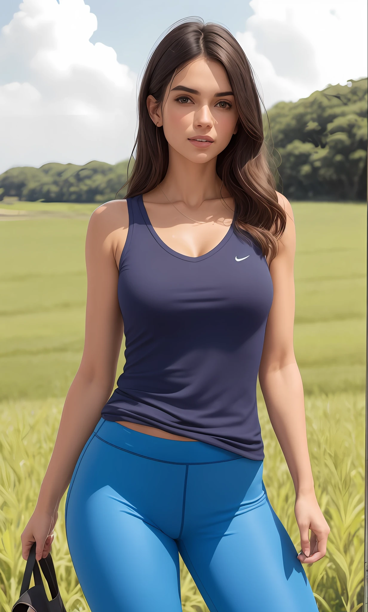 A beautiful woman in a blue tank standing in a field, wearing v - neck top, vestindo legging, usando uma camiseta regata de corte baixo, Tampo tanque azul, tops sem mangas, usando uma camiseta regata, usando regata, usando : Tampo do tanque, usando camiseta regata, usando um top bonito, vestindo uma camiseta muscular, Manto azul, top de corte baixo, she is wearing a black tank top