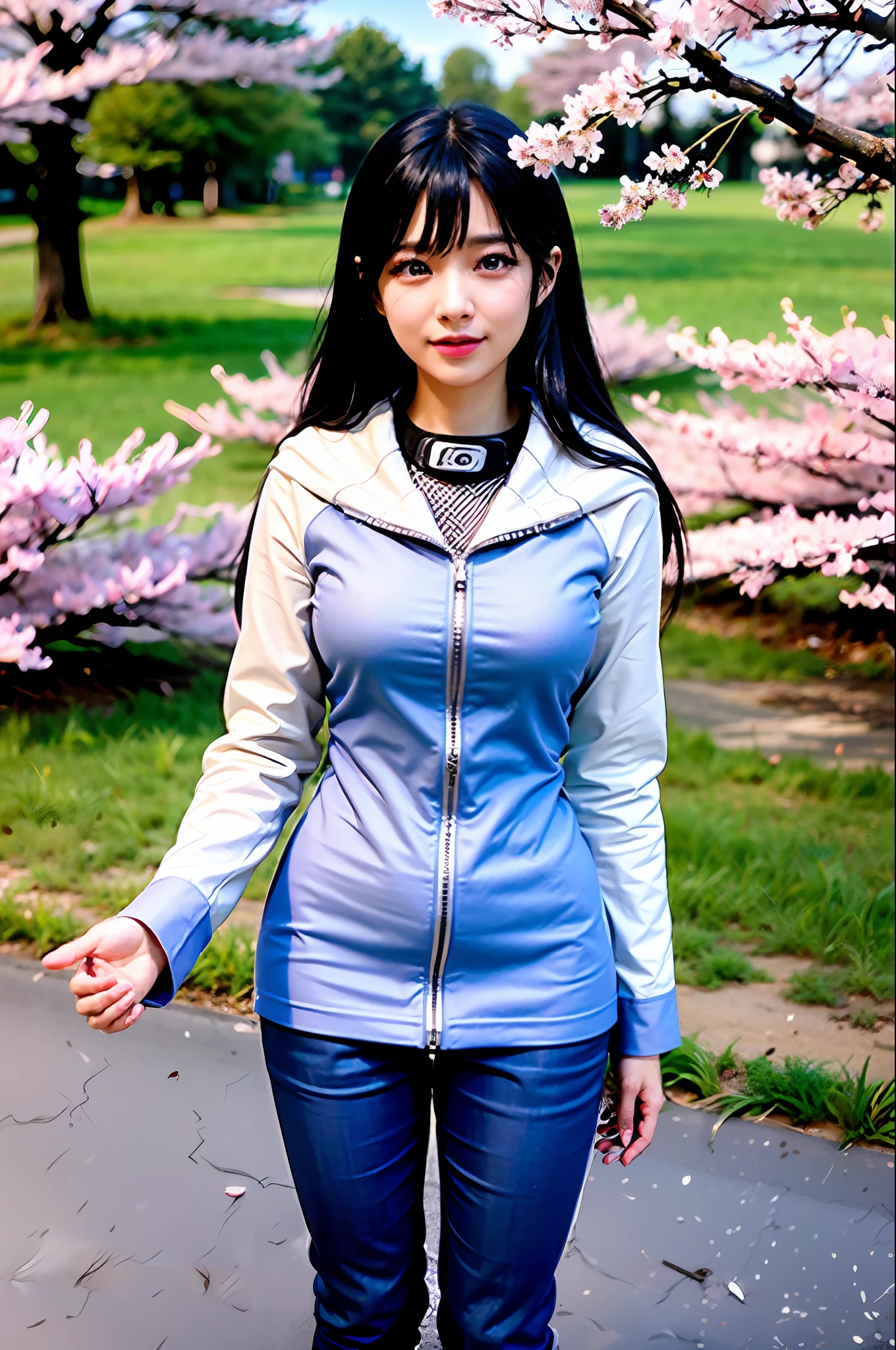 H1N4T4, 1girl, hyuuga hinata, solo, (realistic:0.5), masterpiece, solo, (best quality, perfect detailed, beautifully detailed face, detailed eyes), glistening shiny, ray tracing, DOF, HDR, gradient eyes, sharp eyelashes, ((eyelashes)), mascara, detail_face, eyelashes, shiny hair, flirting, seductive smile, parted lips, medium breasts, (soft particles floating:1.1), ((looking at viewer)), (playmate pose:1.1), (full body:1.1), ((8k wallpaper)), ((highres)), long hair, black hair, white eyes, (pants:1.2), hand on hip, hood, bangs, full body, standing, blurry, looking at viewer, long sleeves, smile, (grassfield:1.4), (tree:1.2), (cherry blossom:1.3), (blue sky:1.3), (sun),