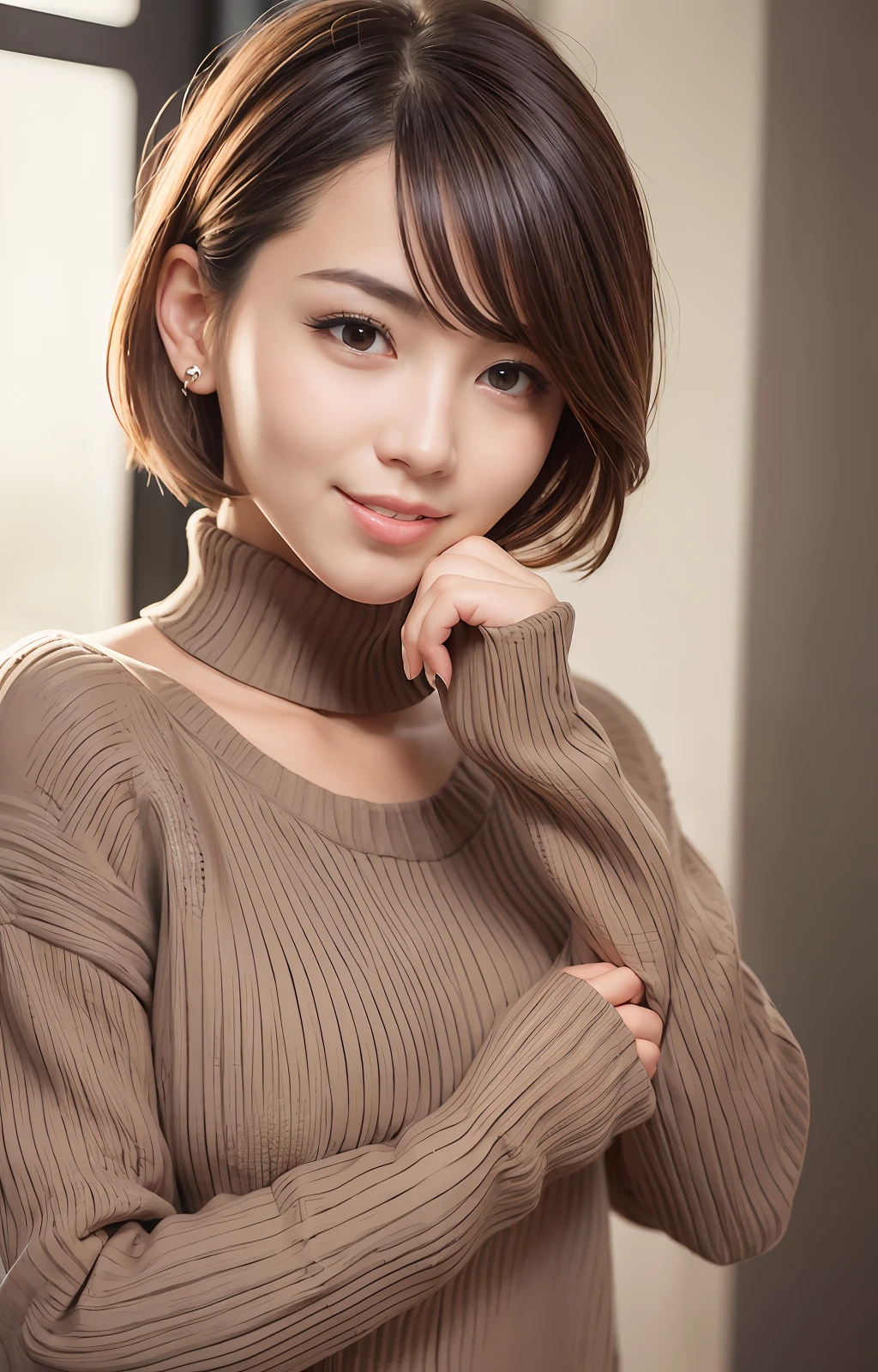 masterpiece, top quality, official art, highly detailed CG unity 8k wallpaper, single girl, ultra high definition, (photorealistic: 1.4), golden hour lighting, sweater dress, (upper body), (Kpop Idol), (charming: 1), (platinum short hair: 0.8), ((puffy eyes)), looking at the viewer, facing forward, smiling, laughing,middle chest, Shirt Lift, Gloves, Short Hair,