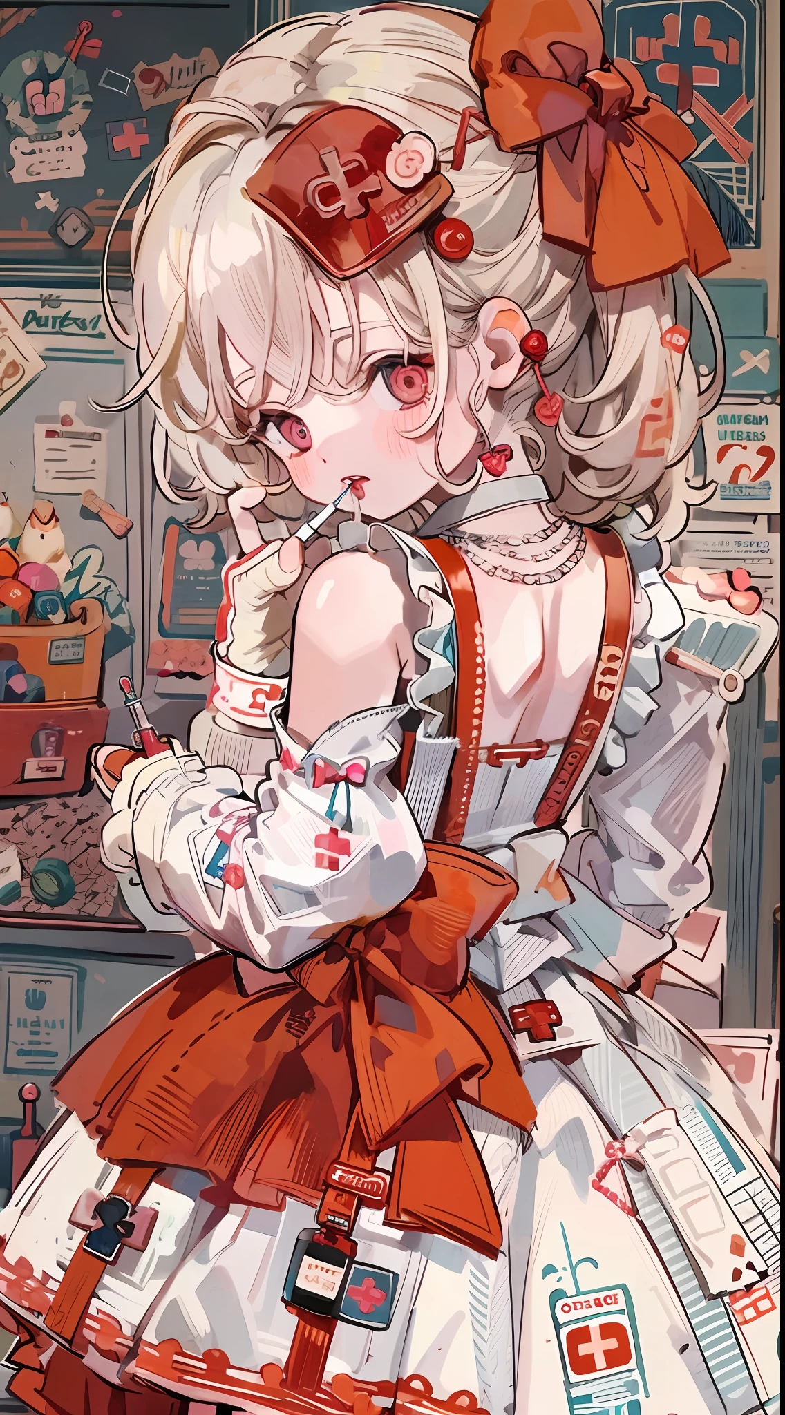 Character design,clothing design,ta prostitute,Gorgeous dress,mitts,curlies,very intricate,Exquisite,shift dresses,Bow knot,frilld,ribbon,bandagens,Nurse style,Huge syringe,pill,Red Cross,Y2K,E-girls,Unilateral eye patch,Love decoration,subculture,Sick,bloods