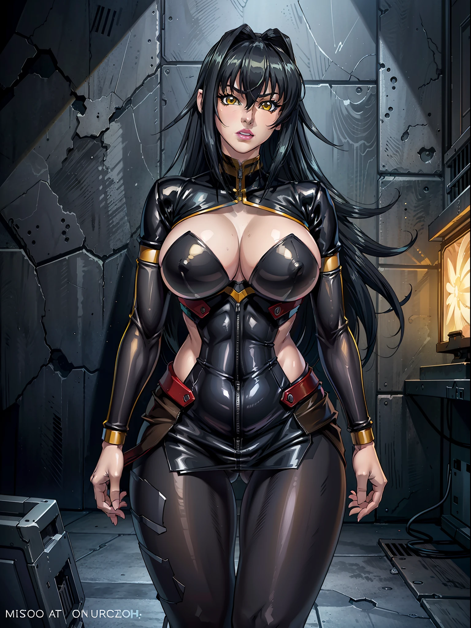absurdres, (realistic:1.5), (masterpiece, Extremely detailed CG unity 8k wallpaper, best quality, highres:1.2), (ultra_detailed, UHD:1.2), (pixiv:1.3), perfect illumination, distinct, (1girl:1.4), (bishoujo:1.2), looking at viewer, unreal engine, sidelighting, perfect face, ultra detailed face, perfect body, beautiful eyes, pretty face, (bright skin:1.4), (abs), (navel), (Annerose:1.1), black hair, long hair, (yellow eyes:1.1), (large breasts:1.1), bodysuit, higheels, shiny clothes, skin tight, hair intakes, covered breasts, sideboob, cleavage, (solo:1.4), ultra detailed eyes, ultra detailed lipstick, ultra detailed makeup, makeup, glowing eyes, ultra detailed lips, lips, lipstick