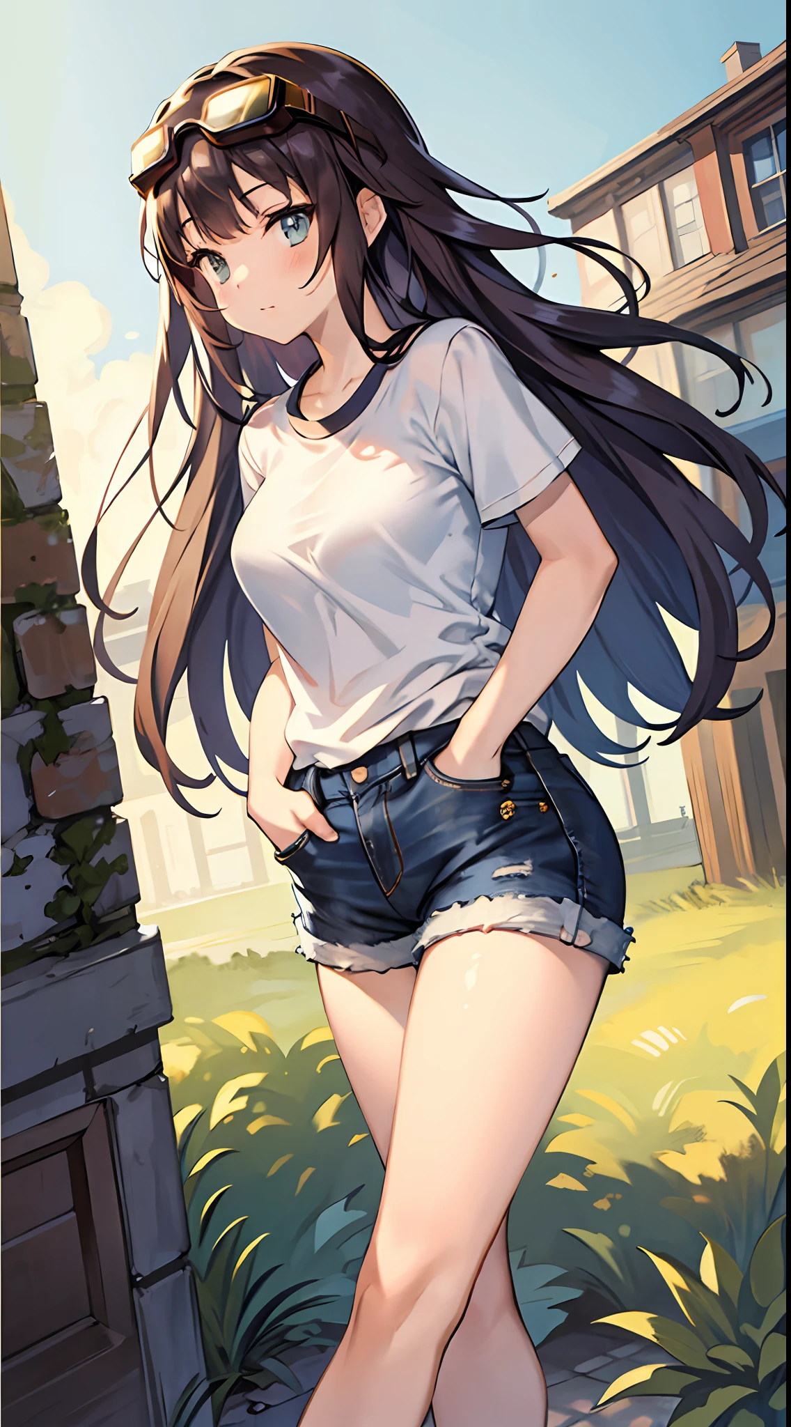 masterpiece, best quality, absurdres, perfect anatomy, 1girl, solo, Jessica, long hair, bangs, graphic tee, denim shorts, standing, outdoors, city, hands in pockets, goggles, goggles on head