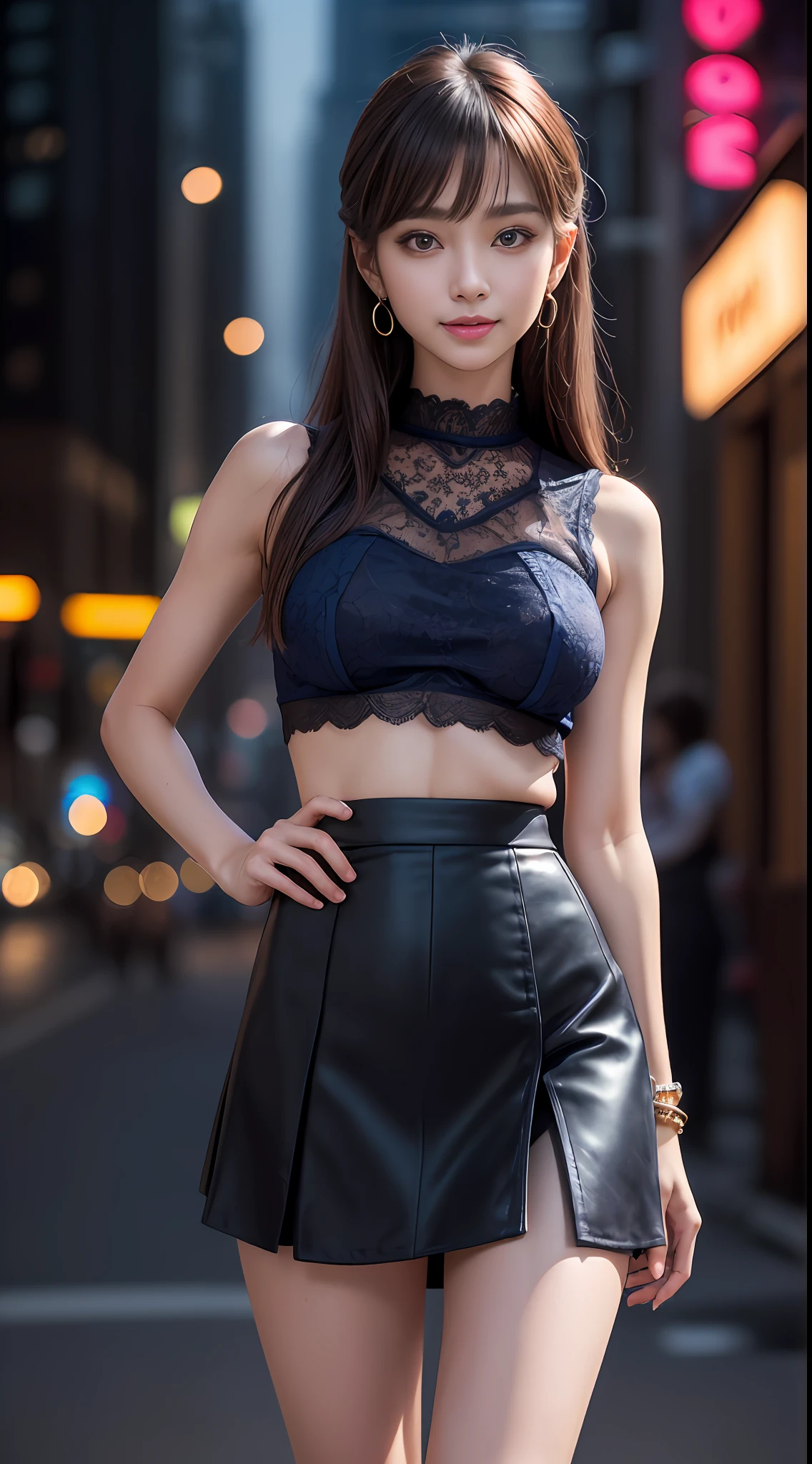 8k, masterpiece, RAW photo, best quality, photorealistic, extremely detailed CG unity 8k wallpaper, Depth of field, Cinematic Light, Lens Flare, Ray tracing, (extremely beautiful face, beautiful lips, beautiful eyes), intricate detail face, ((ultra detailed skin)) 1girl, in the dark, deep shadow, pretty korean girl, kpop idol,(very slim slender fit-muscled body:1.3), ((looking at viewer)),(big smile:1.3), (tight mini skirt, sleeveless), (fashion city night, (neon sign), (big building), fashion street night),(no people), (without people in the background:1.3), pretty korean girl, white diamond earrings, dia bracelets, dia necklace, pantyhose, clear eyes, walking , front shot, (pale skin), face forward, (big eyes), ((upper body shot)), ((silk Laced brouse )), ((black, navy color skirt:1.3)), (brown hairs) (looking at viewer:1.3), (see through blouse), (laced panty), open breast, very slim, medium breasts, have a sheen nipples, camel tau, vulva shape:1.25
