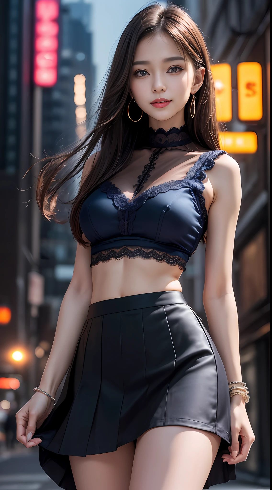 8k, masterpiece, RAW photo, best quality, photorealistic, extremely detailed CG unity 8k wallpaper, Depth of field, Cinematic Light, Lens Flare, Ray tracing, (extremely beautiful face, beautiful lips, beautiful eyes), intricate detail face, ((ultra detailed skin)) 1girl, in the dark, deep shadow, pretty korean girl, kpop idol,(very slim slender fit-muscled body:1.3), ((looking at viewer)),(big smile:1.3), (tight mini skirt, sleeveless), (fashion city night, (neon sign), (big building), fashion street night),(no people), (without people in the background:1.3), pretty korean girl, white diamond earrings, dia bracelets, dia necklace, pantyhose, clear eyes, walking , front shot, (pale skin), face forward, (big eyes), ((upper body shot)), ((silk Laced brouse )), ((black, navy color skirt:1.3)), (brown hairs) (looking at viewer:1.3), (see through blouse), (laced panty), open breast, very slim, medium breasts, have a sheen nipples, camel tau, vulva shape:1.25