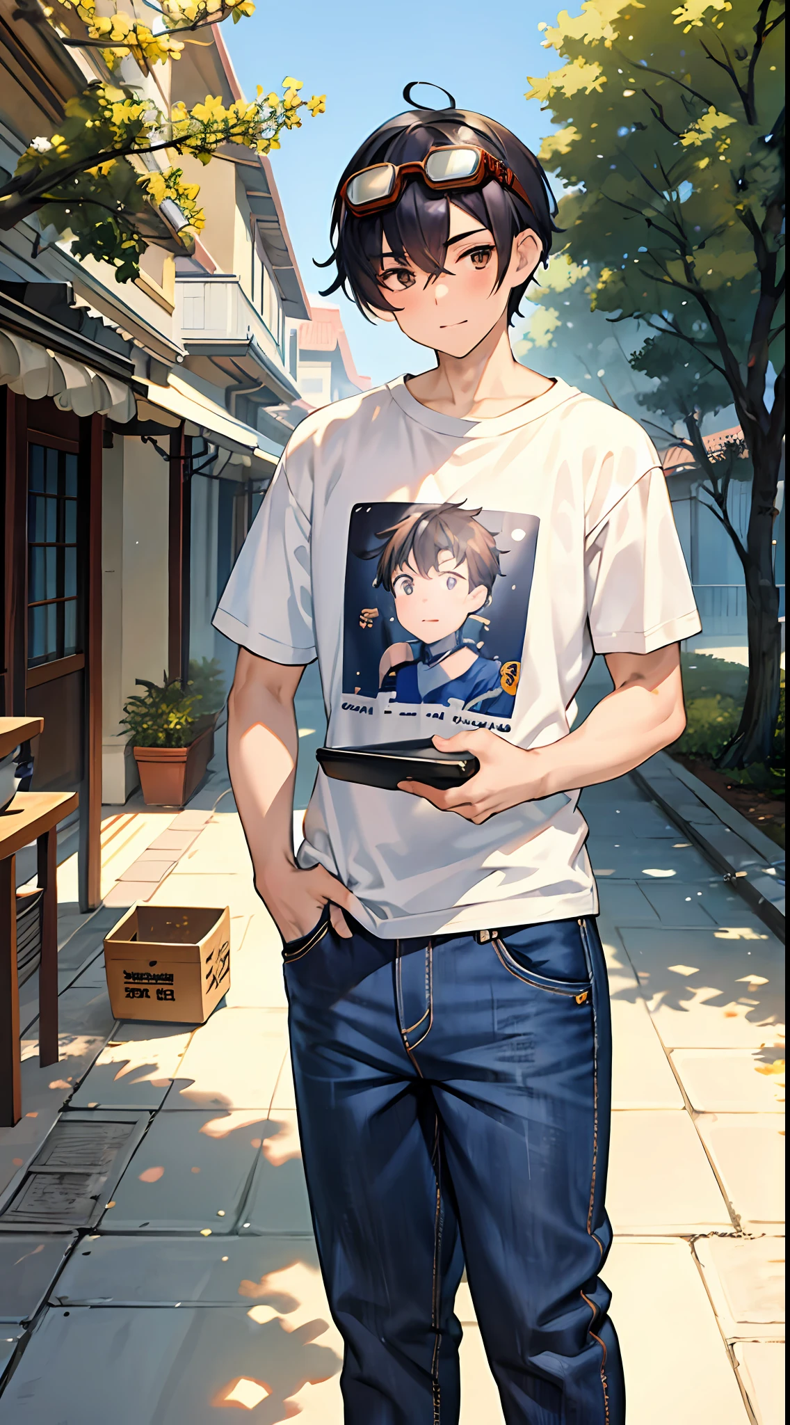tmasterpiece, Best quality at best, 1boys, 独奏, short detailed hair, graphic t shirt, denim pant, standing on your feet, exteriors, 城市, hands in a pocket, protective goggles, goggles on head