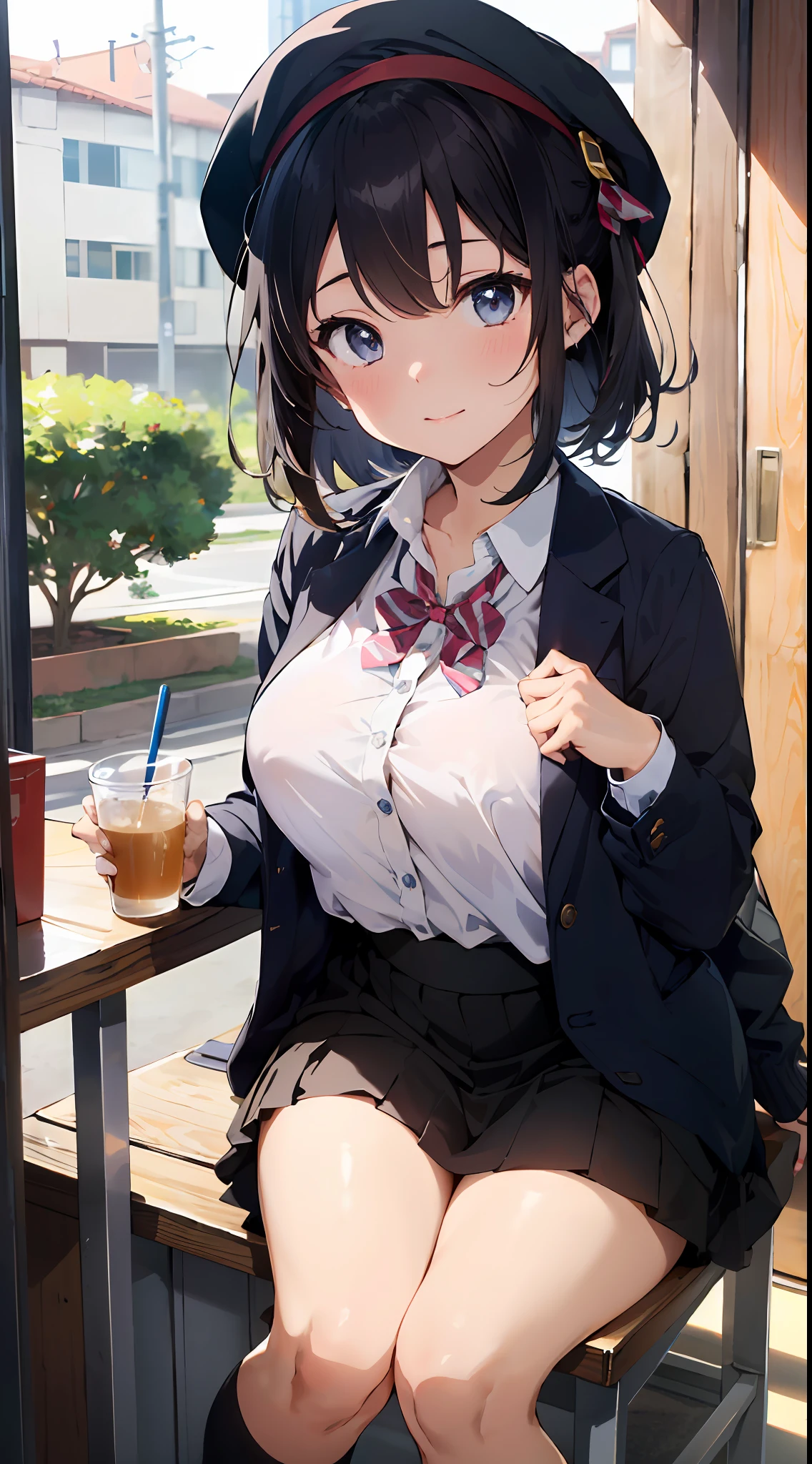 Masterpiece to the smallest detail、top-quality、1girl in、独奏、25-years old、170cm、Receptionist、Model body type、perfectbody、Breasts so big that they hang on the floor、Non-existent 130 cm chest、XCup milk、Realistic nipples、Extraordinary Beauty、Hair with silky texture、Gradient bob in the forward、Two-color mesh、Realistic eyes、Outstanding looks、unclear、proximity、closed_mouth、a smile、red blush、full of shyness、Hats that look good、Hats、pink bowtie、校服、 Blue jacket、jaket、skirt by the、Gray pretz skirt、Cutter shirt、white shirt、an legs、Black socks、sitting on、s Office、hair_ornament、looking_at_viewer、beatiful detailed eyes、Charming gestures、panties on、lift up one's skirt、Professional effects、