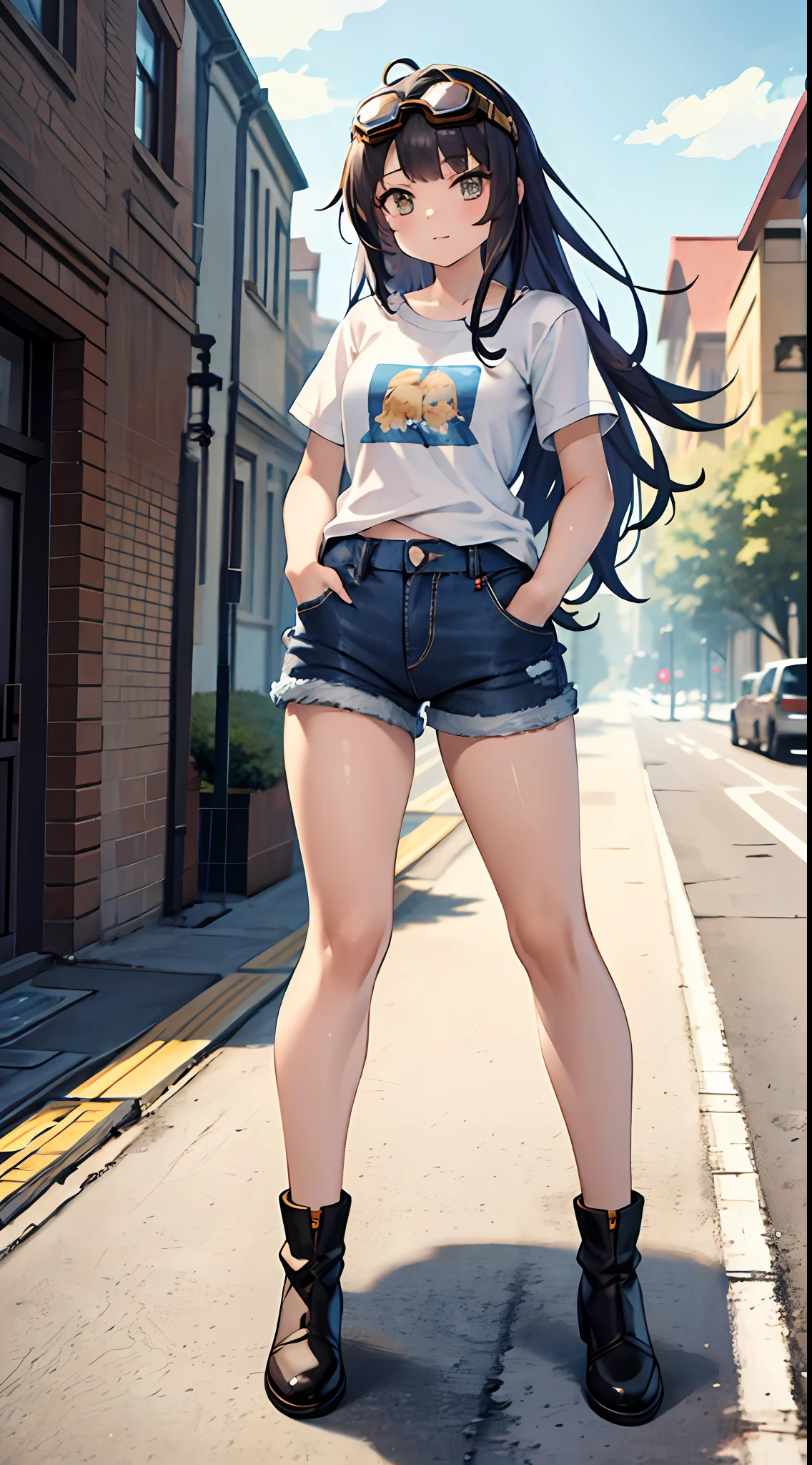 masterpiece, best quality, absurdres, perfect anatomy, 1girl, solo, Jessica, long hair, bangs, graphic tee, denim shorts, standing, outdoors, city, hands in pockets, goggles, goggles on head