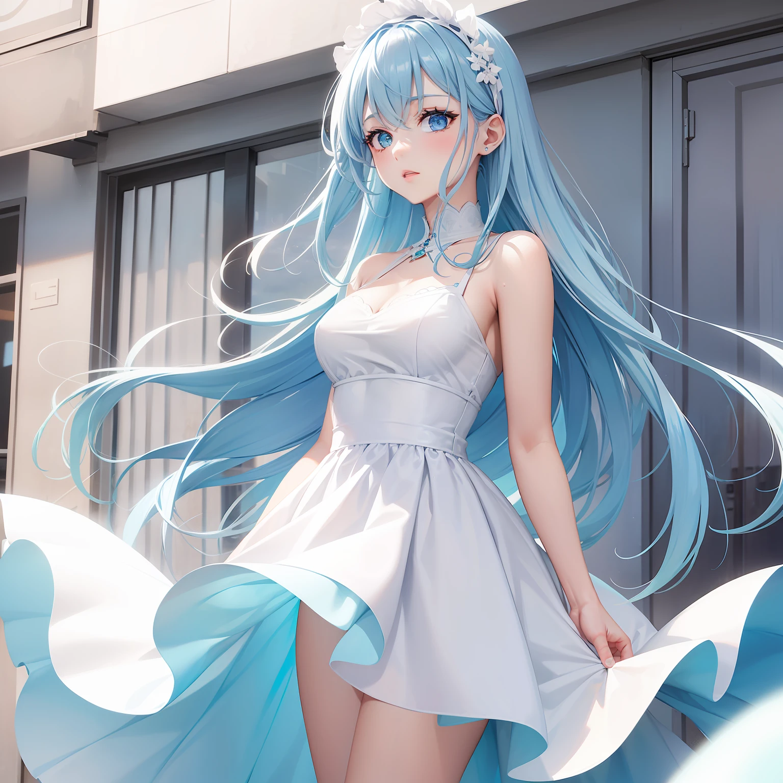 a women, blue hair, blue eyes, white dress