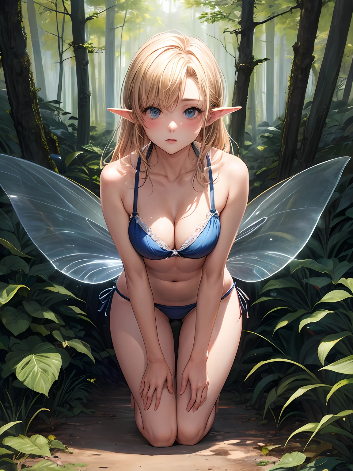 (thighs thighs thighs thighs:1.5)、beautiful curves、Enhanced by the best shadows and realistic lighting、Create breathtaking masterpieces with amazing ray-traced effects。huge-breasted、face perfect、luslous skin、And beautiful eyes。embarrassed from、Small Bikini、the woods、forest fae、elvish、Opening legs、with spreading legs、a blond、blue eyess、Exposed cleavage、Small bra、Fairy feathers、embarrassed from、