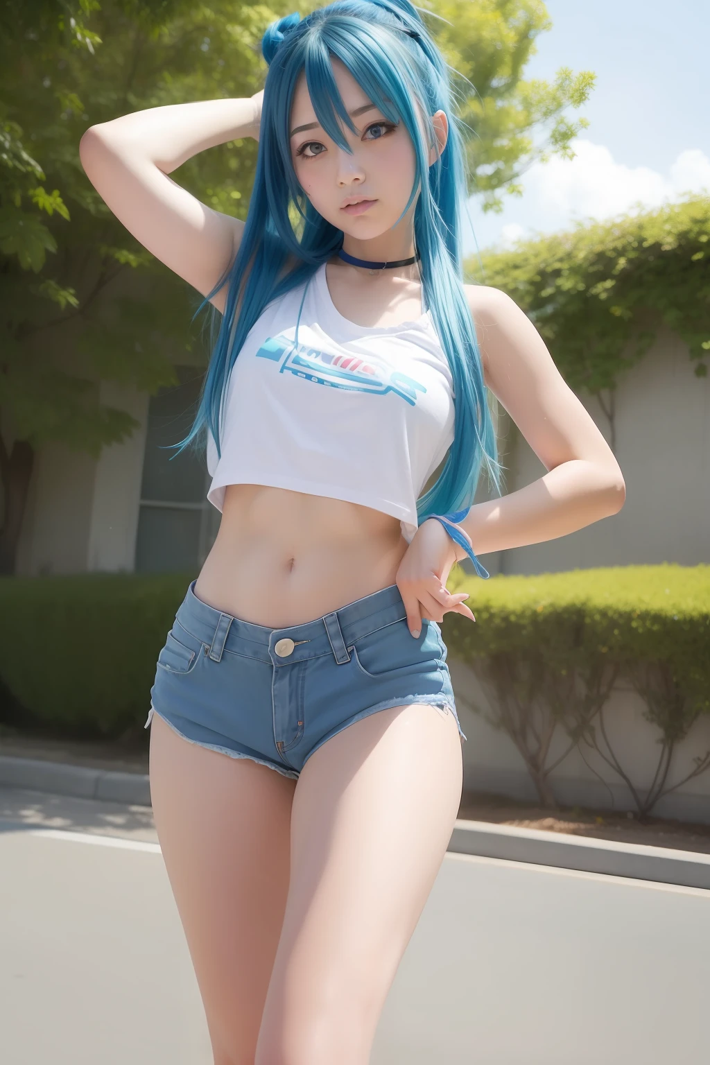 Anime girl with blue hair and blue shorts reaches out to catch Frisbee, inspired by Rei Kamoi, sketchy artstyle, the anime girl is running, colored sketch, anime pose, she is dancing. Realistic, In an anime style, Flat anime style shading, In anime style, jojo anime style, painted in anime painter studio, anime art style, anime woman
