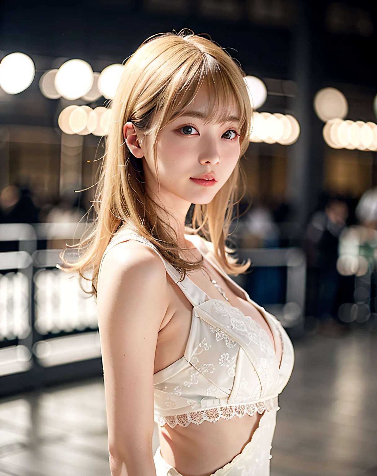 最好质量、Girl 1 person、a large breast、tag、Brighter、Blur background、bokeh dof、plein-air、(Street:0.8)、(The human々、crowd:1)、(lace-trimmed)doress:1.5、a gorgeous、(a blond:1.5)、Beautiful sky、耳Nipple Ring、(dinamic pose:0.8)、(Op) Body:0.8)、Soft lighting、the wind、shinny skin、gaze at the viewer、