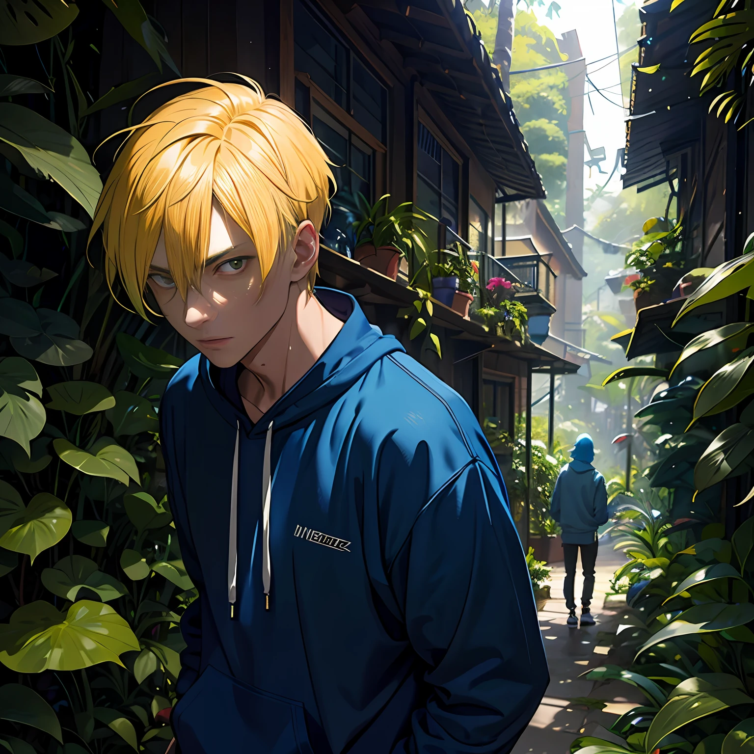 Man with dyed yellow hair，Wear a casual blue sweatshirt，Stand in the jungle，Arrogant and overbearing，The expression is sinister and cunning