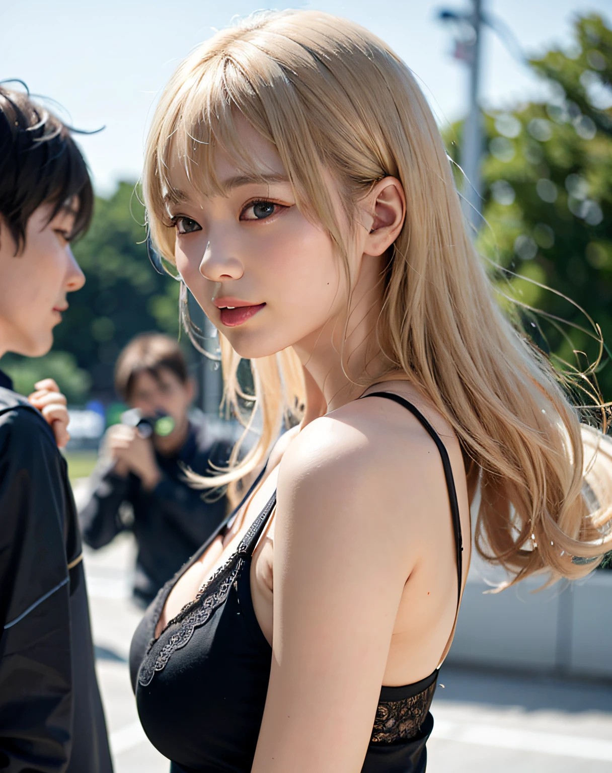 最好质量、Girl 1 person、a large breast、tag、Brighter、Blur background、bokeh dof、plein-air、(Street:0.8)、(The human々、crowd:1)、(lace-trimmed)doress:1.5、a gorgeous、(a blond:1.5)、Beautiful sky、耳Nipple Ring、(dinamic pose:0.8)、(Op) Body:0.8)、Soft lighting、the wind、shinny skin、gaze at the viewer、