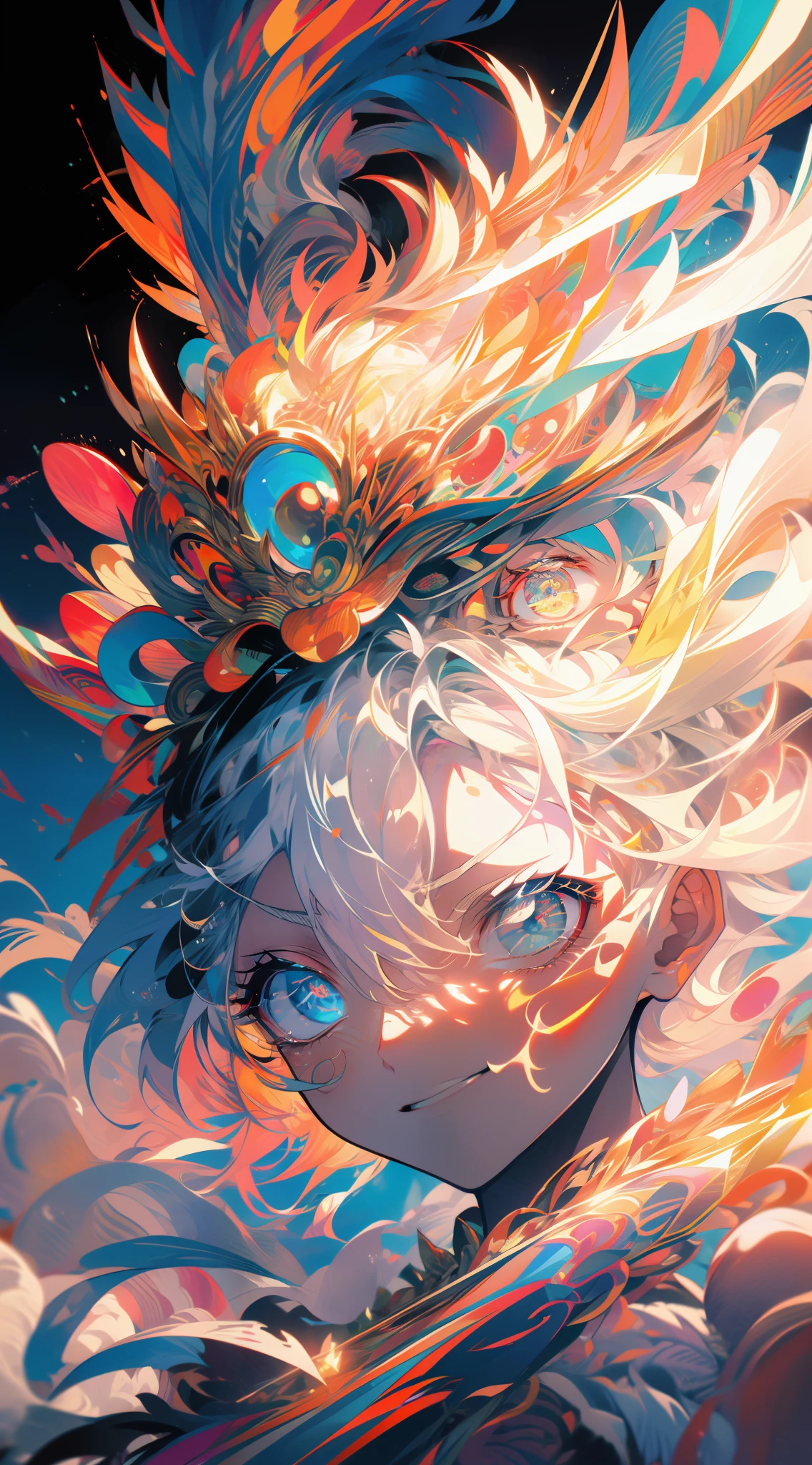 Wukong,ruri,Glazed yellow hair,smog,White light,strong lights,Glazed white top,Bracers,Glazed white pants,blueglow,The barefoot,drak。4K,k hd,ultraclear,salama,ultra-realistic realism,Hyper-detailing,eyes glowing,full bodyesbian,Close up,aesthetic