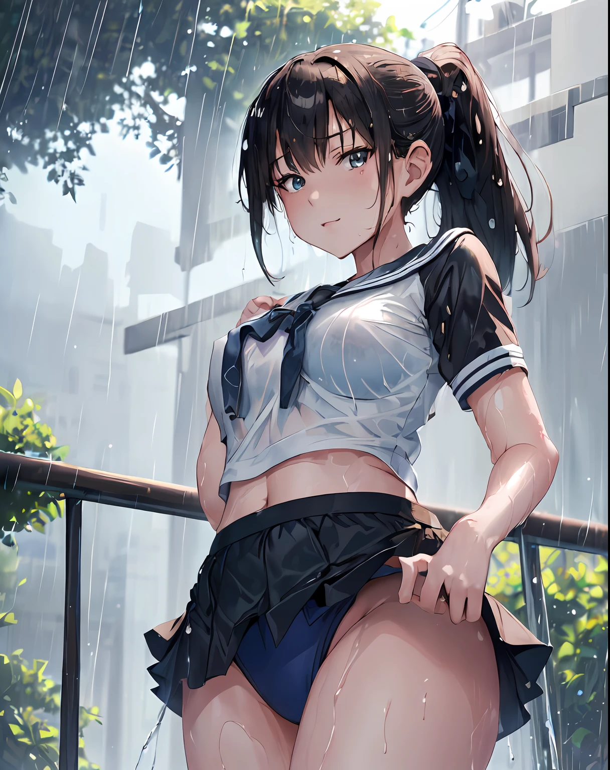 (masutepiece, Best Quality:1.37), hight resolution, Ultra-detailed, ultra-sharp, BREAK, (From below:1.2), 1girl in, girl on top, (((1girl in:1.37, Solo))), (Beautiful Anime Face, Cute face, Detailed face), (Black hair, Ponytail), Detailed beautiful cyan eyes, (((Sateen))), (((Wet in the rain))), Sailor Hileg Bikini, high-school uniform, White blouses, a navel, crouching down, a park, a miniskirt, White underwear