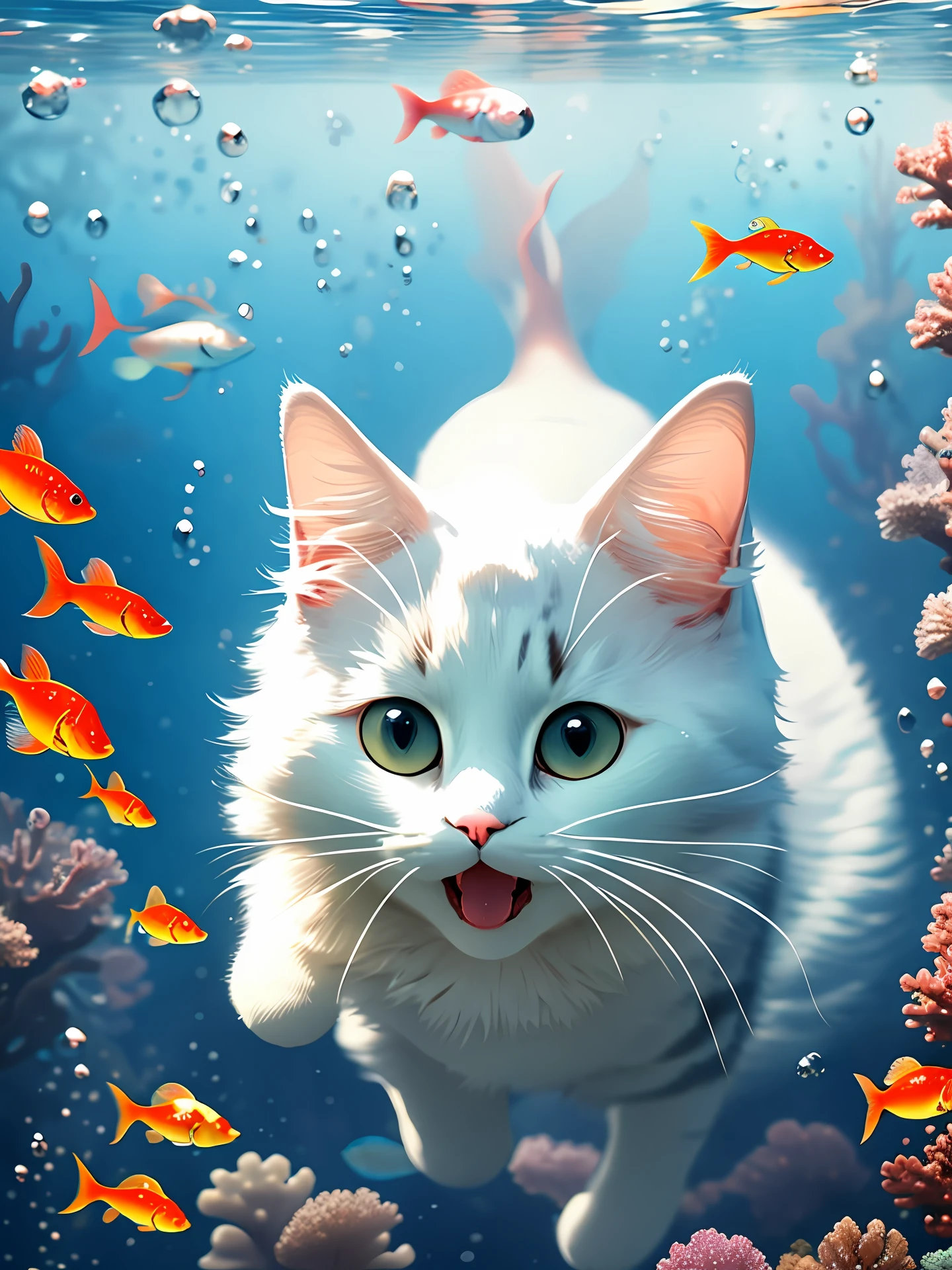 Ragdoll cat, MG mao, Exquisite visuals, high-definition, masterpieces, fish, whiskers, blue eyes, no humans, animal focus, open mouth, looking at viewer, white cat, underwater, bubble, solo, swimming, goldfish, submerged,