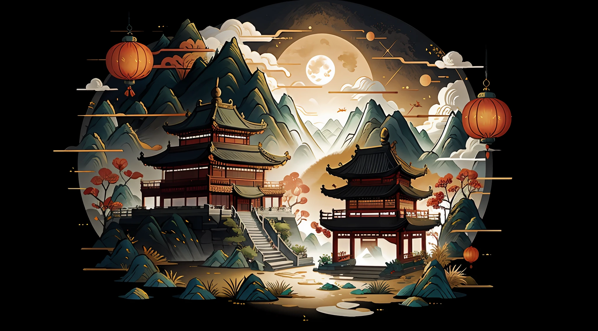 An ancient Chinese painting,Mid-Autumn Festival,themoon,Moon Rabbit, Ancient Chinese background, Auspicious clouds, Pavilions, rays of sunshine, tmasterpiece, super detailing, Epic composition, hyper HD, high qulity, extremely detaile, offcial art, 统一 8k 壁纸, super detailing, gufeng,32k,flat illustration,gufeng