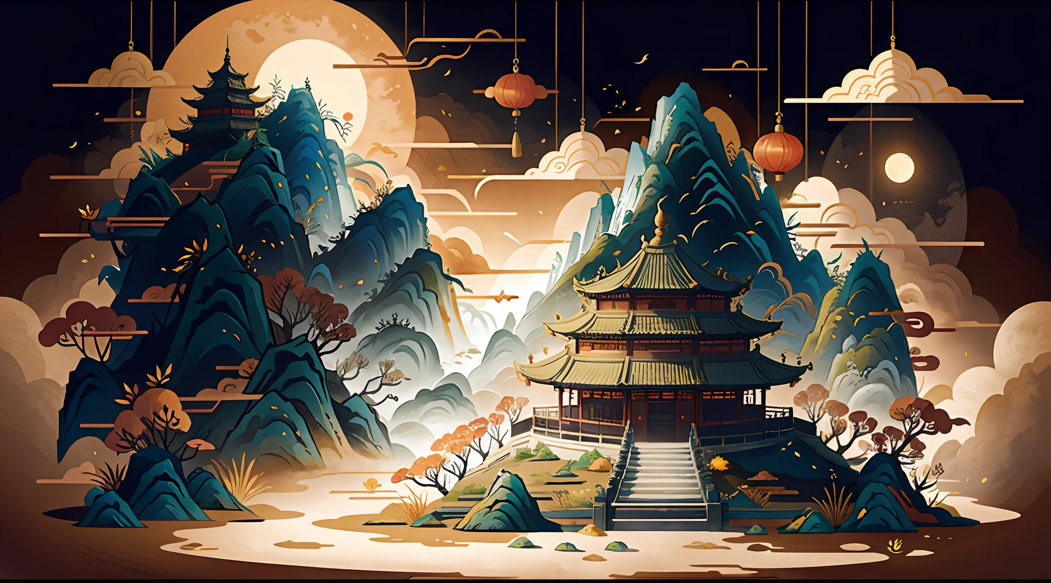 An ancient Chinese painting，Mid-Autumn Festival，themoon，Moon Rabbit， Ancient Chinese background，  Auspicious clouds， Pavilions， rays of sunshine， tmasterpiece， super detailing， Epic composition， hyper HD， high qulity， extremely detaile， offcial art， 统一 8k 壁纸， super detailing， gufeng，32k，flat illustration，gufeng