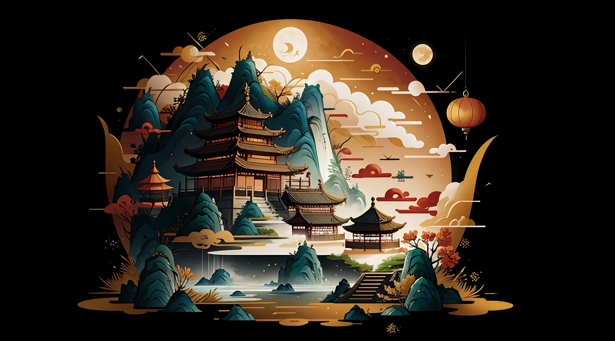 An ancient Chinese painting,Mid-Autumn Festival,themoon,Moon Rabbit, Ancient Chinese background, Auspicious clouds, Pavilions, rays of sunshine, tmasterpiece, super detailing, Epic composition, hyper HD, high qulity, extremely detaile, offcial art, 统一 8k 壁纸, super detailing, gufeng,32k,flat illustration,gufeng