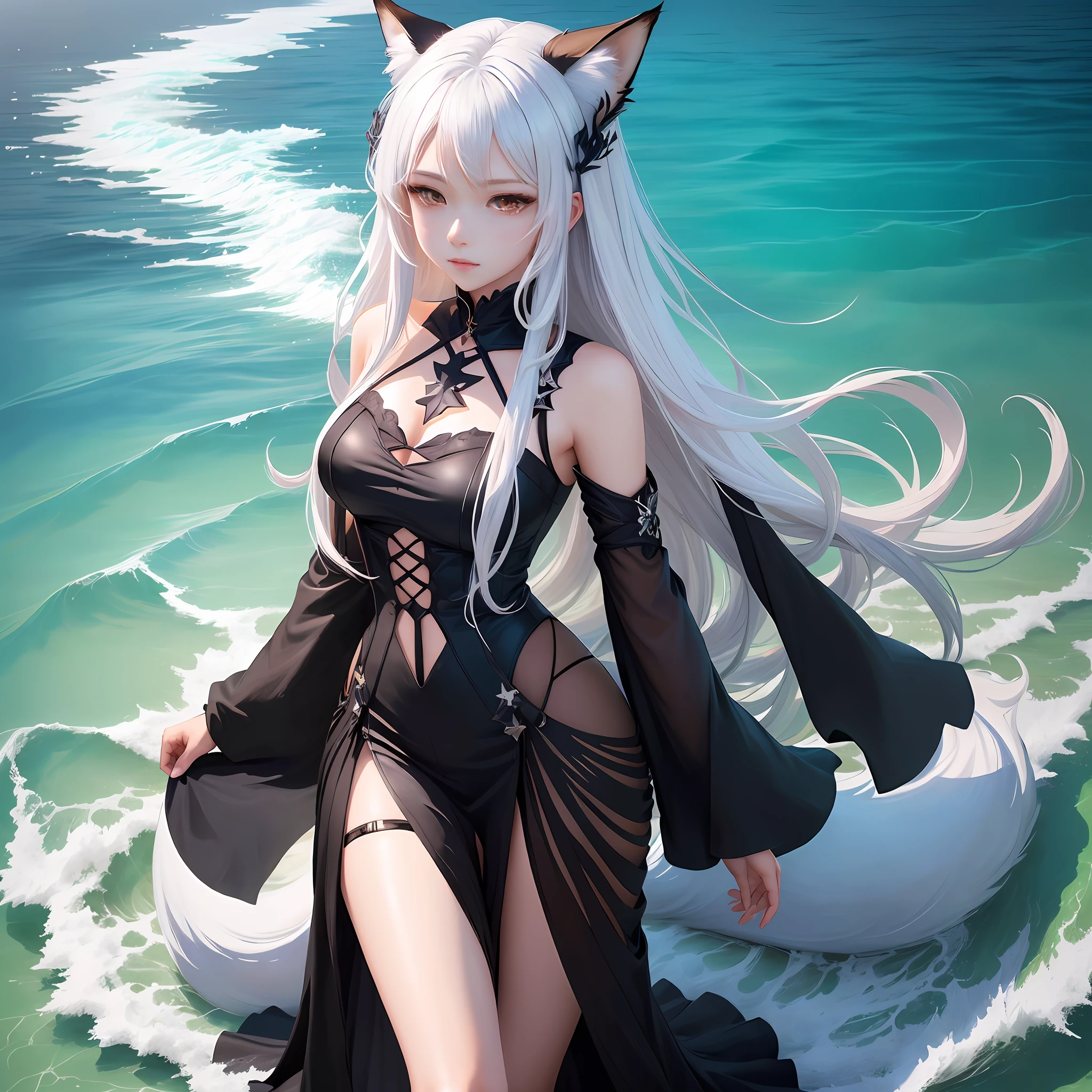 Anime girl with long white hair and black dress in the ocean, trending on artstation pixiv, From Arknights, Digital art on Pisif , by Yang J, beautiful fantasy anime, Anime fantasy artwork, White-haired fox, Beautiful anime artwork, Anime art wallpaper 4 K, Anime art wallpaper 4k, zerochan art, Pisif