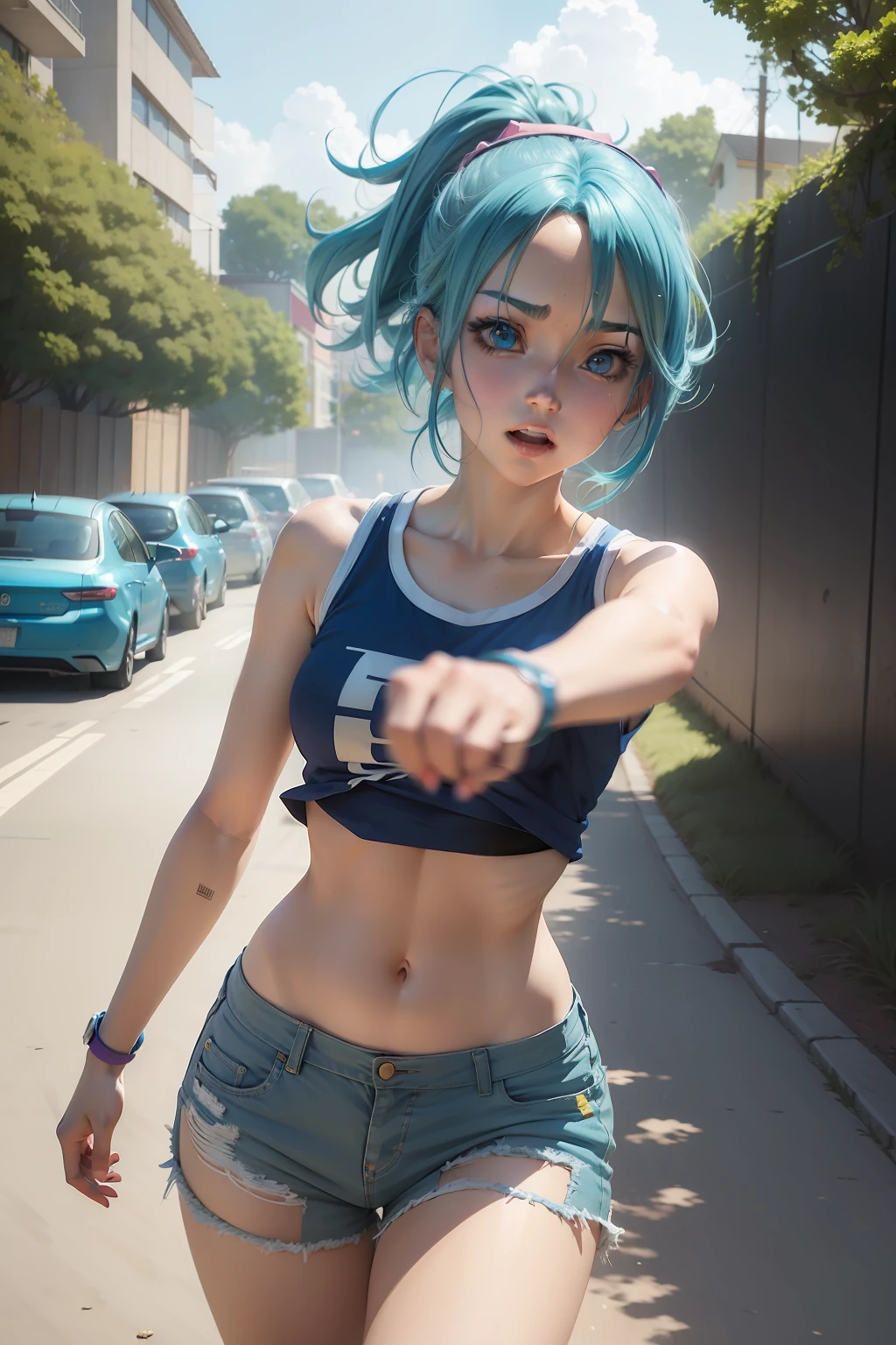 Anime girl with blue hair and blue shorts reaches out to catch Frisbee, inspired by Rei Kamoi, sketchy artstyle, the anime girl is running, colored sketch, anime pose, she is dancing. Realistic, In an anime style, Flat anime style shading, In anime style, jojo anime style, painted in anime painter studio, anime art style, anime woman