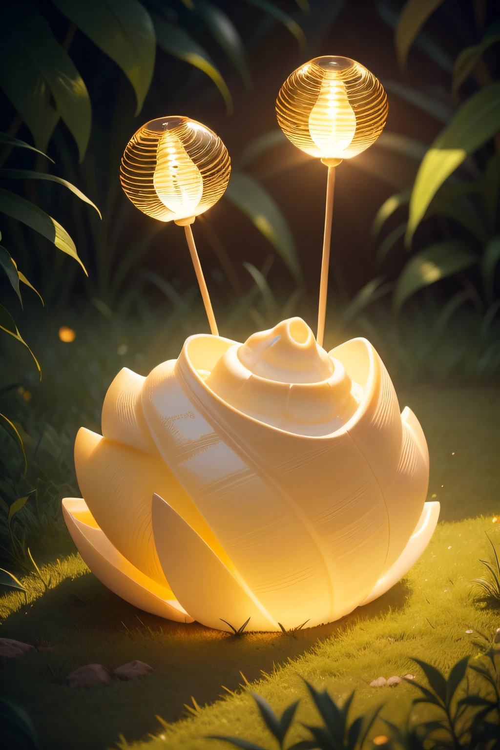 There is a shell that is sitting on the grass, concha, yellow artificial lighting, Concha grande, Concha do mar, spike shell, light casting onto the ground, Concha pontiaguda, concha de caracol, Cone de luz, illuminating the area, clamp shell lighting, caustics lighting from above, luz de baixo, glossy textured plastic shell, em um fundo escuro