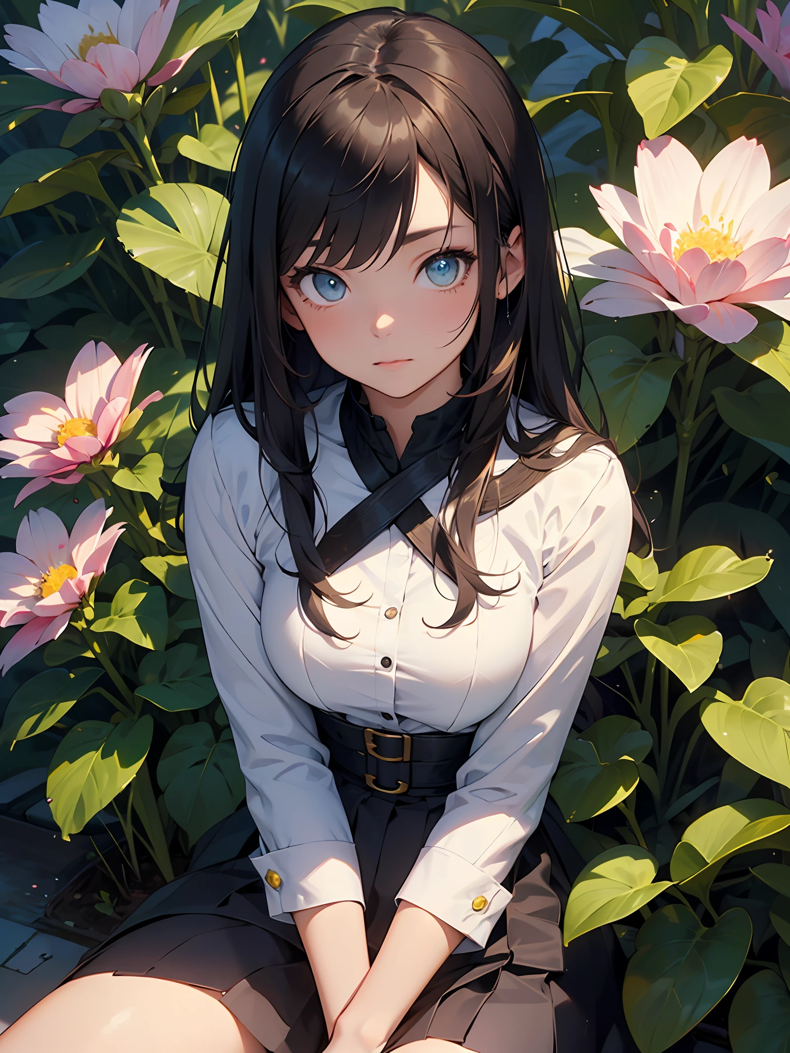 (((masterpiece))), (((best quality))), ((ultra-detailed)), (illustration), 1girl, solo, 24 years old, beautiful detailed eyes, glowing blue eyes, brown hair, small breasts, green and gold intricate fantasy ranger attire, high quality cloth, expensive cloth, high resolution cloth texture, detailed folds and wrinkles, sitting, dynamic pose, cowboy shot, glow. tropical rain forest, flowers, wall of flowers