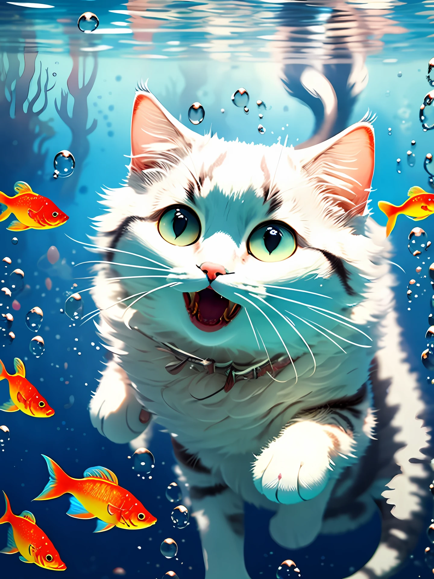 Ragdoll cat, MG mao, Exquisite visuals, high-definition, masterpieces, fish, whiskers, blue eyes, no humans, animal focus, open mouth, looking at viewer, white cat, underwater, bubble, solo, swimming, goldfish, submerged,